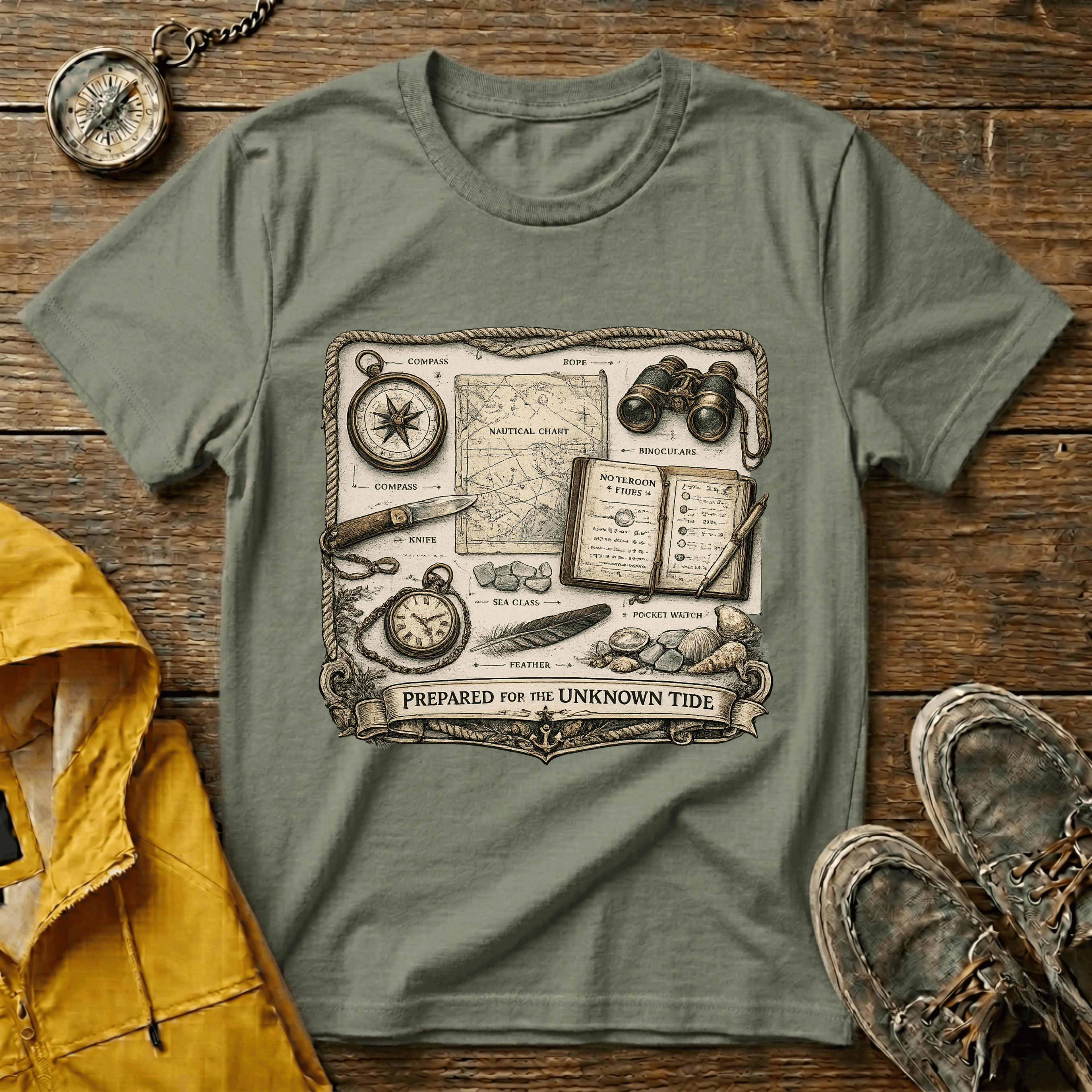 Nautical Explorer T-Shirt — Vintage Map, Compass & Binoculars Travel Graphic