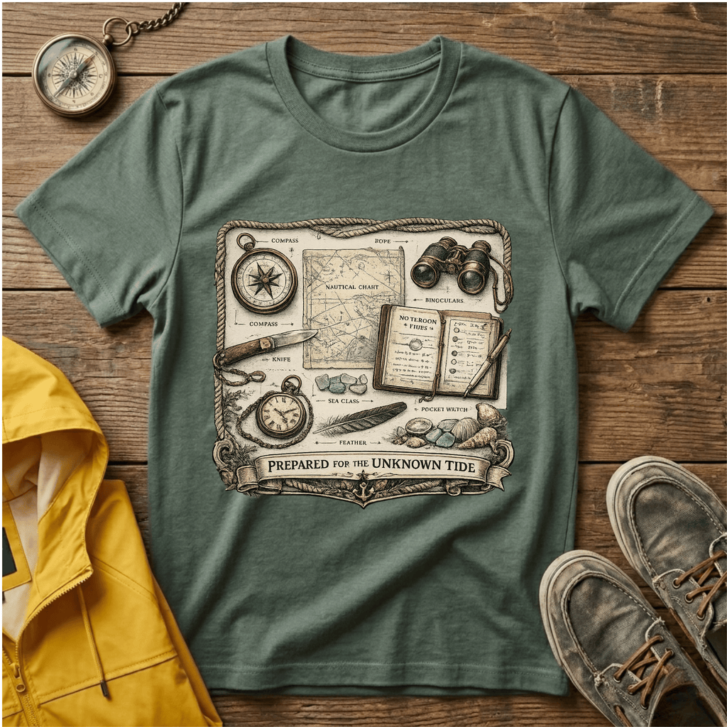 Nautical Explorer T-Shirt — Vintage Map, Compass & Binoculars Travel Graphic
