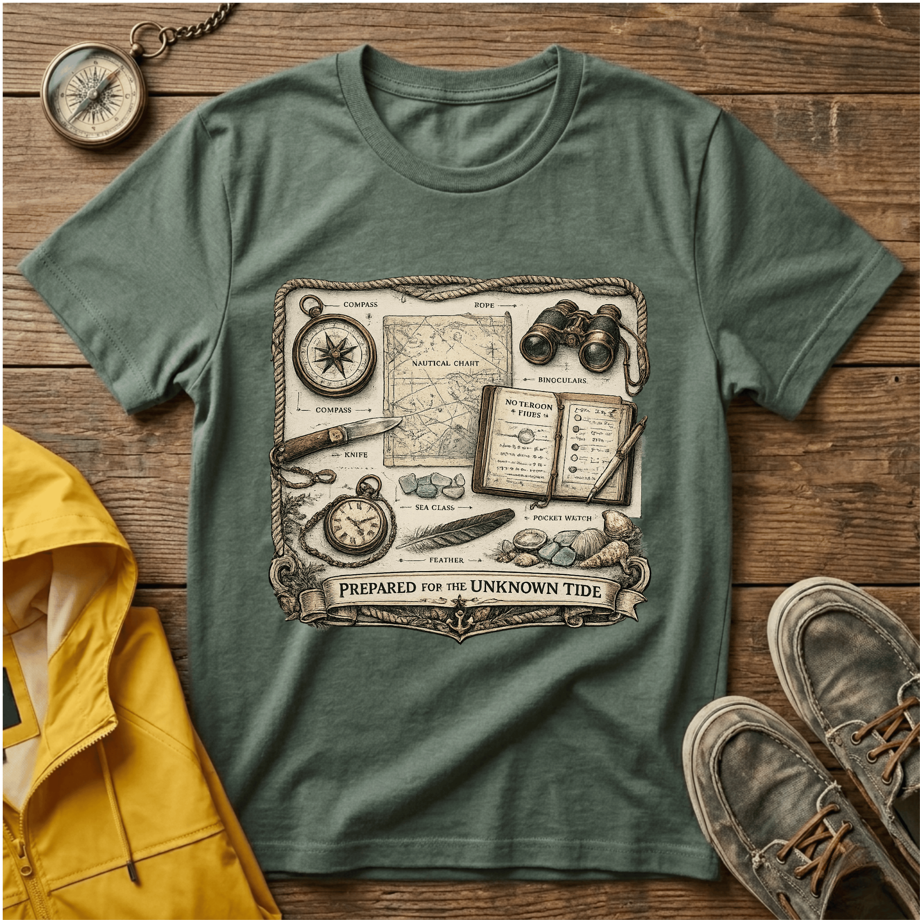 Nautical Explorer T-Shirt — Vintage Map, Compass & Binoculars Travel Graphic