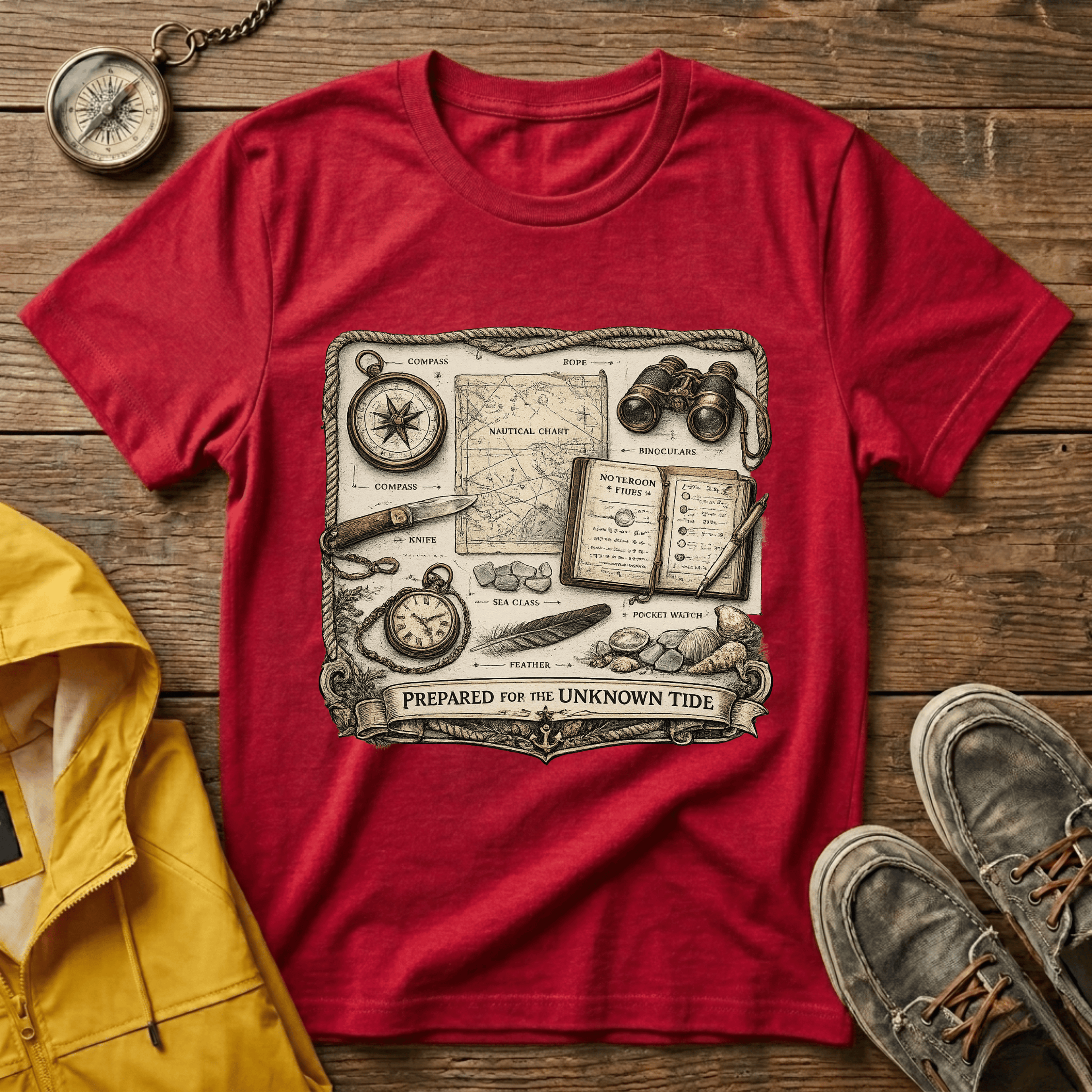 Nautical Explorer T-Shirt — Vintage Map, Compass & Binoculars Travel Graphic