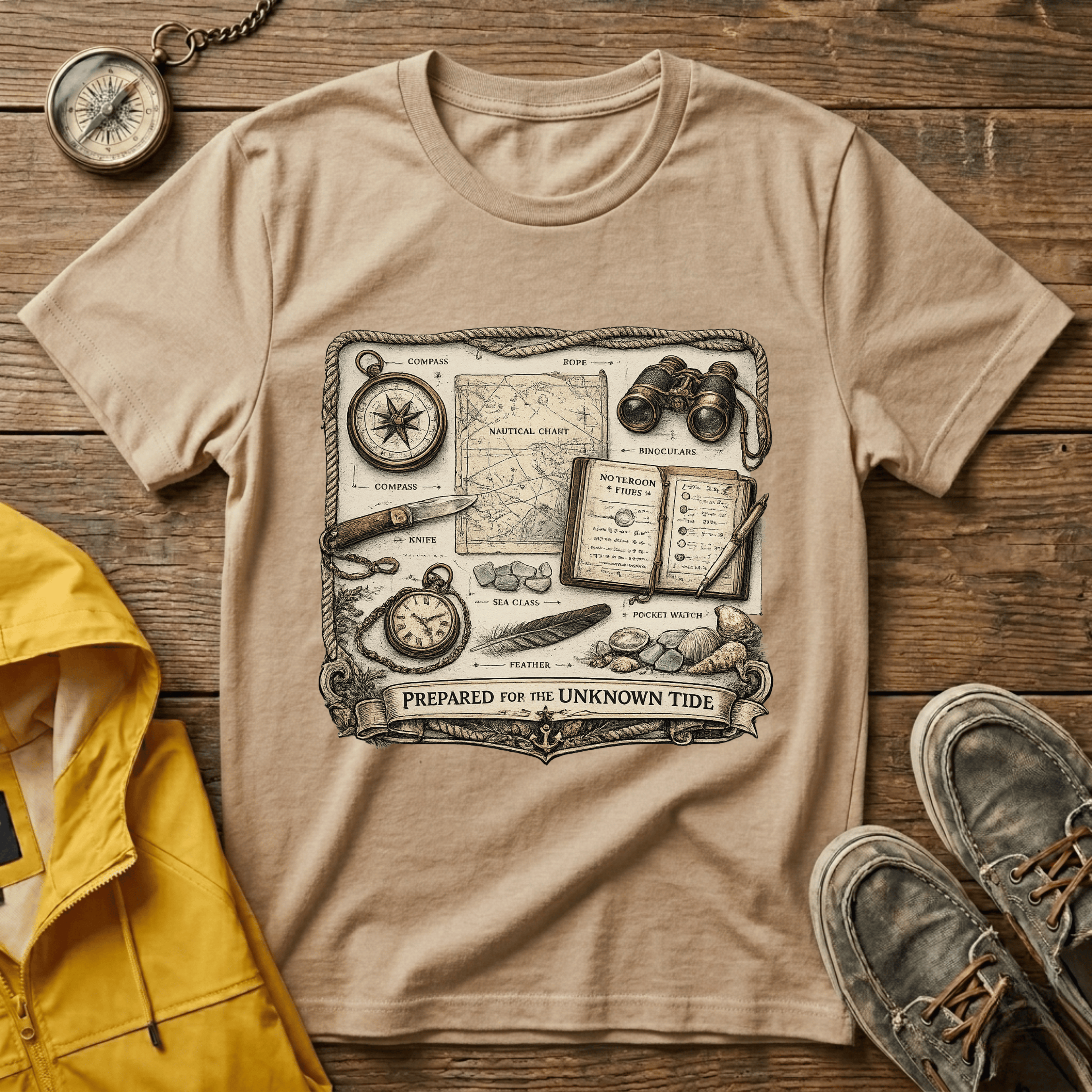 Nautical Explorer T-Shirt — Vintage Map, Compass & Binoculars Travel Graphic