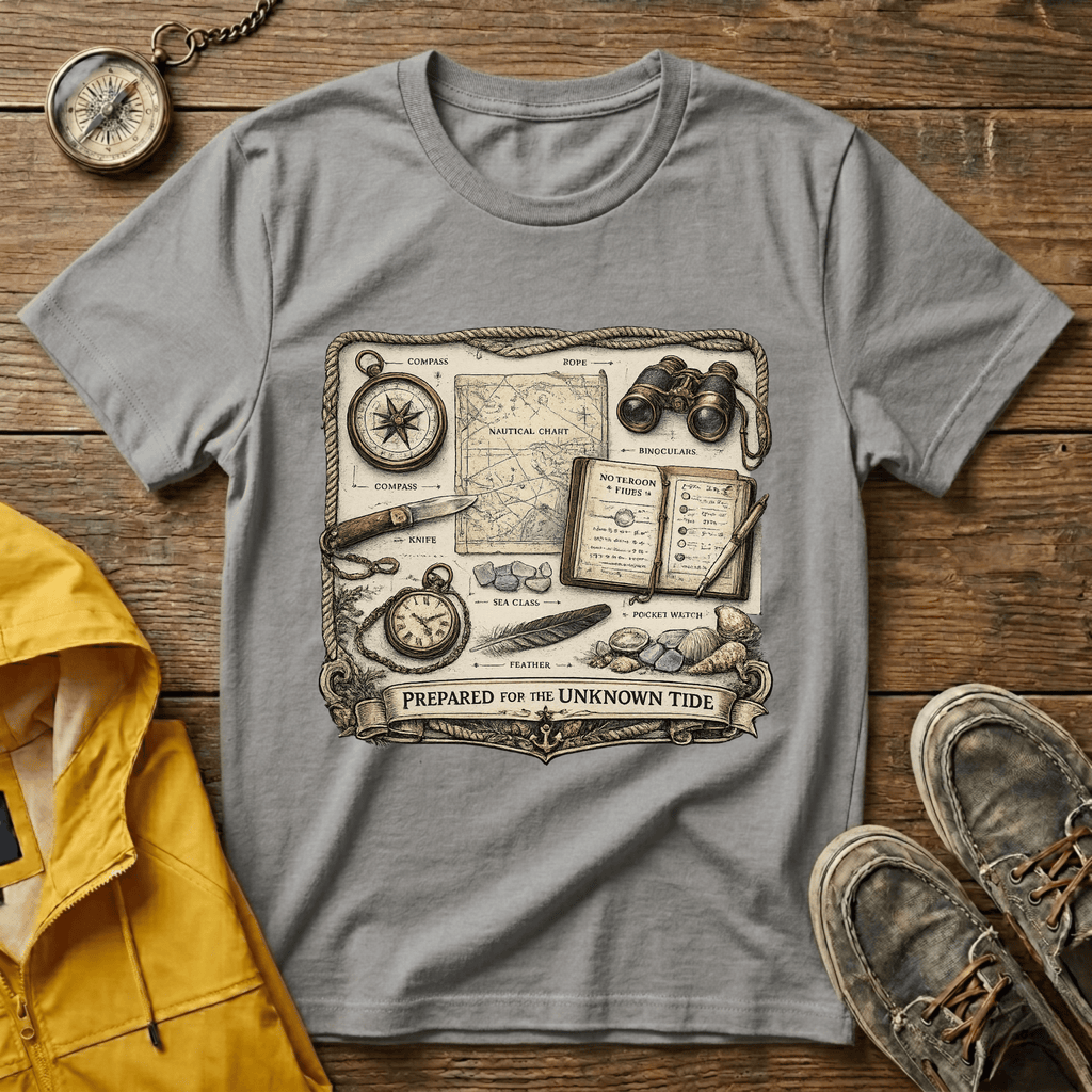 Nautical Explorer T-Shirt — Vintage Map, Compass & Binoculars Travel Graphic