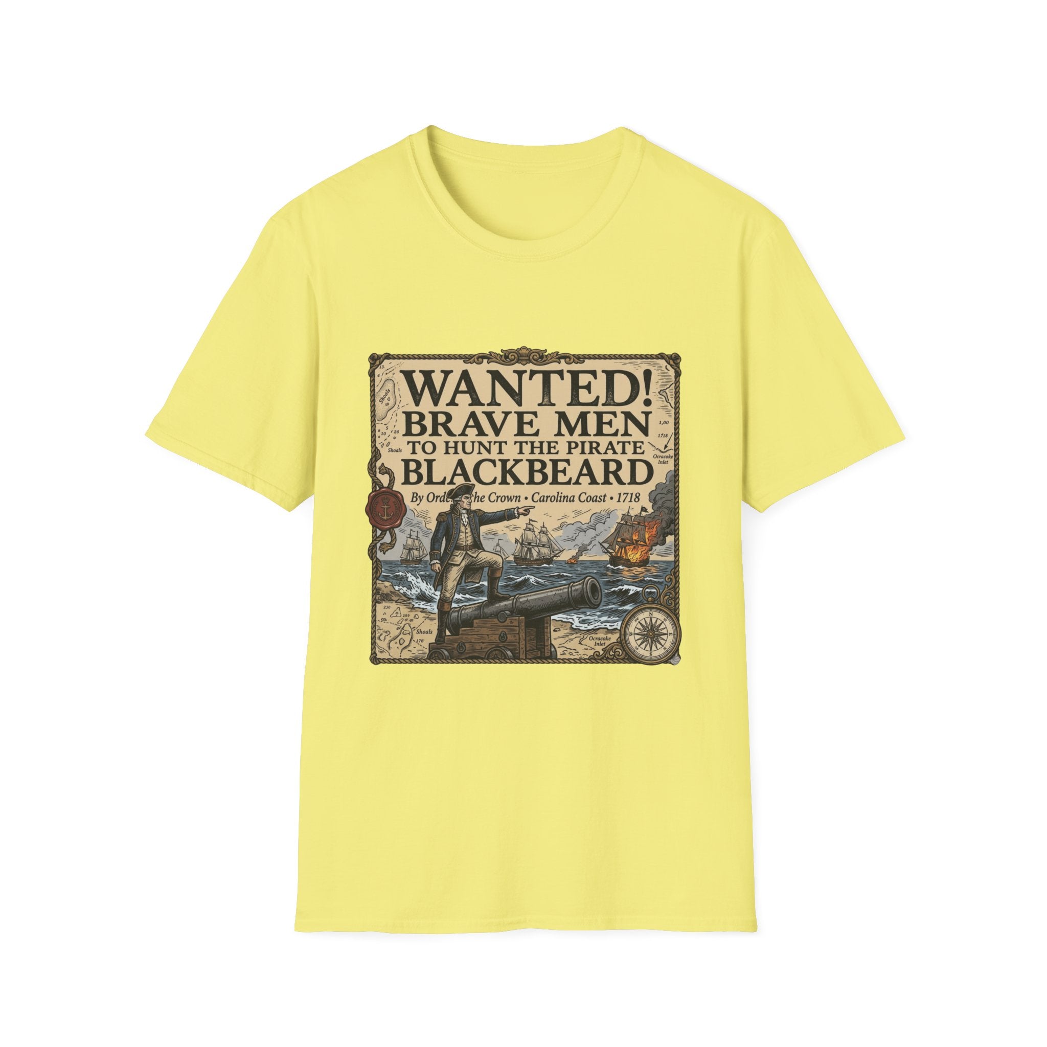 Wanted! Brave Men to Hunt the Pirate Blackbeard T-Shirt — Vintage Pirate Poster Tee