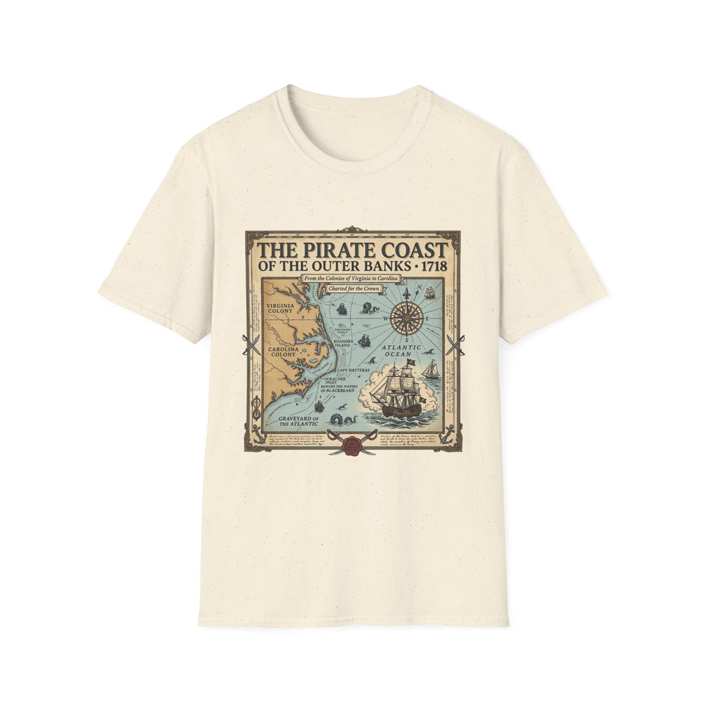 Pirate Coast Map T-Shirt — 'The Pirate Coast of the Outer Banks • 1718' Vintage Nautical Tee
