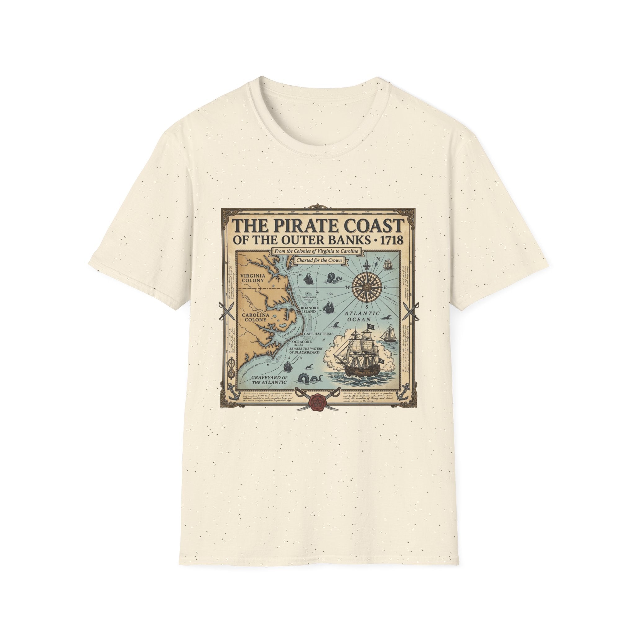 Pirate Coast Map T-Shirt — 'The Pirate Coast of the Outer Banks • 1718' Vintage Nautical Tee