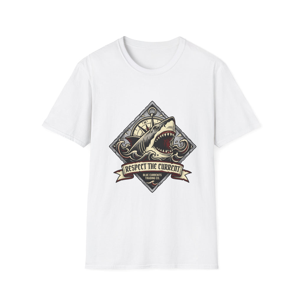 Shark Vintage Crest T-Shirt — "Respect the Current" Nautical Graphic Tee