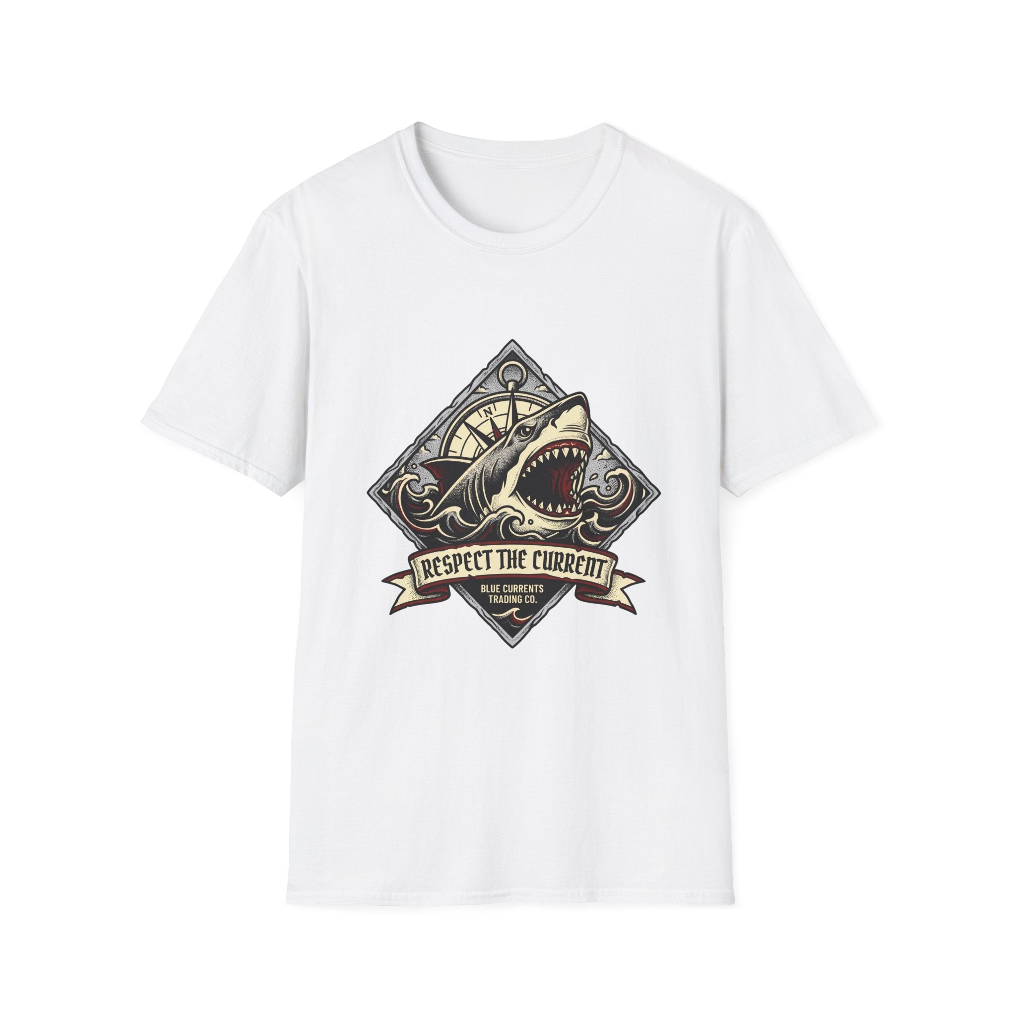 Shark Vintage Crest T-Shirt — "Respect the Current" Nautical Graphic Tee