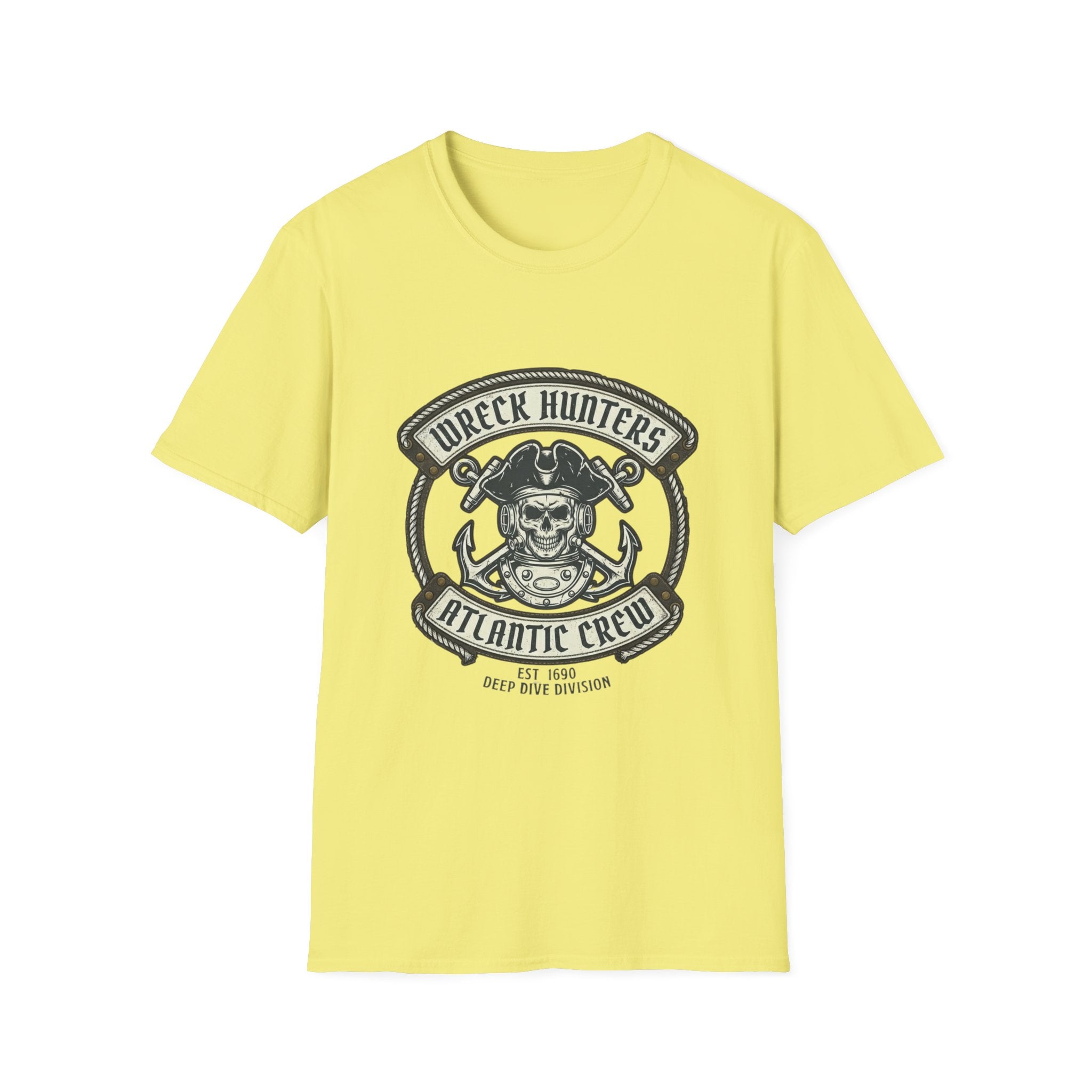 Wreck Hunters Atlantic Crew T‑Shirt — Pirate Skull & Anchor Nautical Graphic Tee