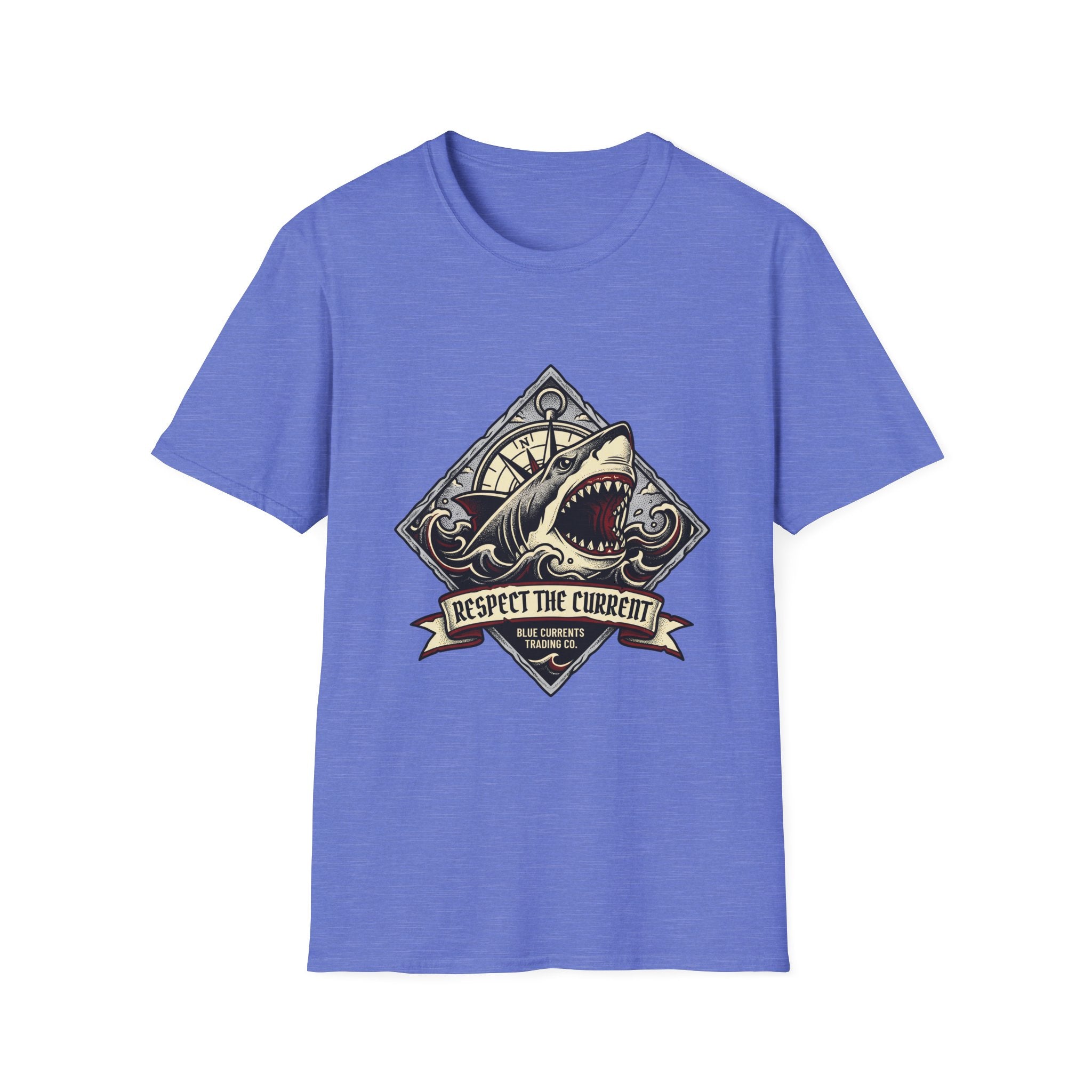 Shark Vintage Crest T-Shirt — "Respect the Current" Nautical Graphic Tee