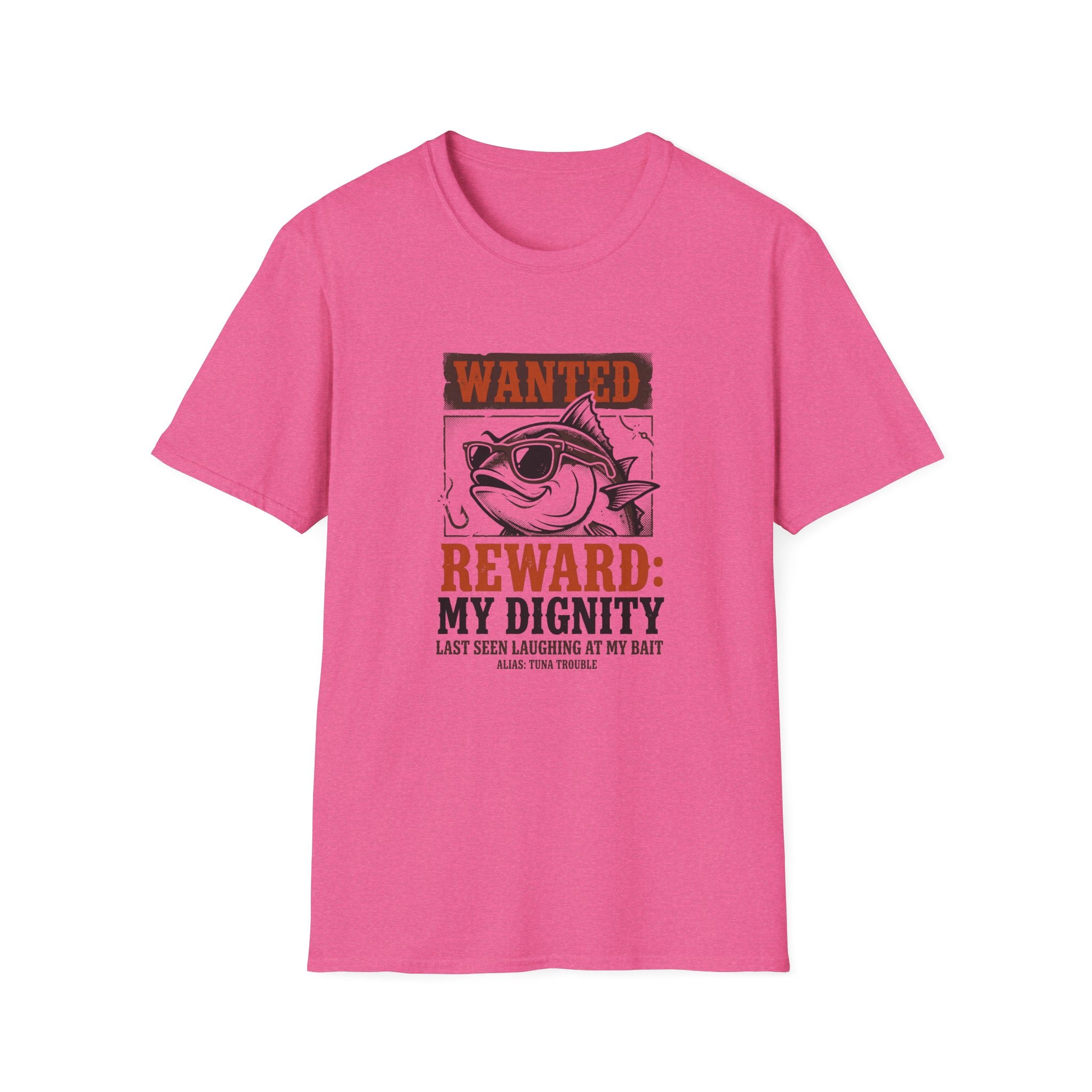 T-Shirt — "Wanted: Reward: My Dignity" Funny Fishing Cat Graphic Tee