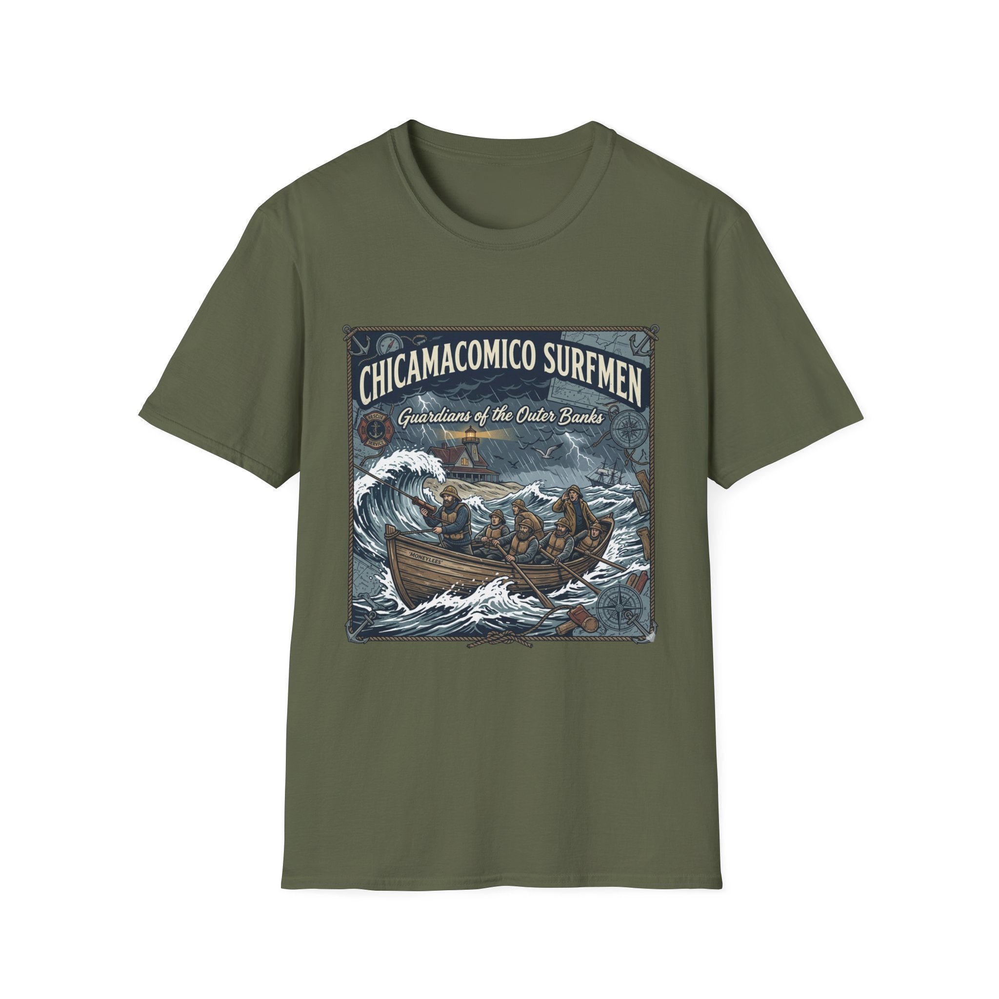 Chicamacomico Surfmen T-Shirt — "Guardians of the Outer Banks" Vintage Surf Rescue Tee