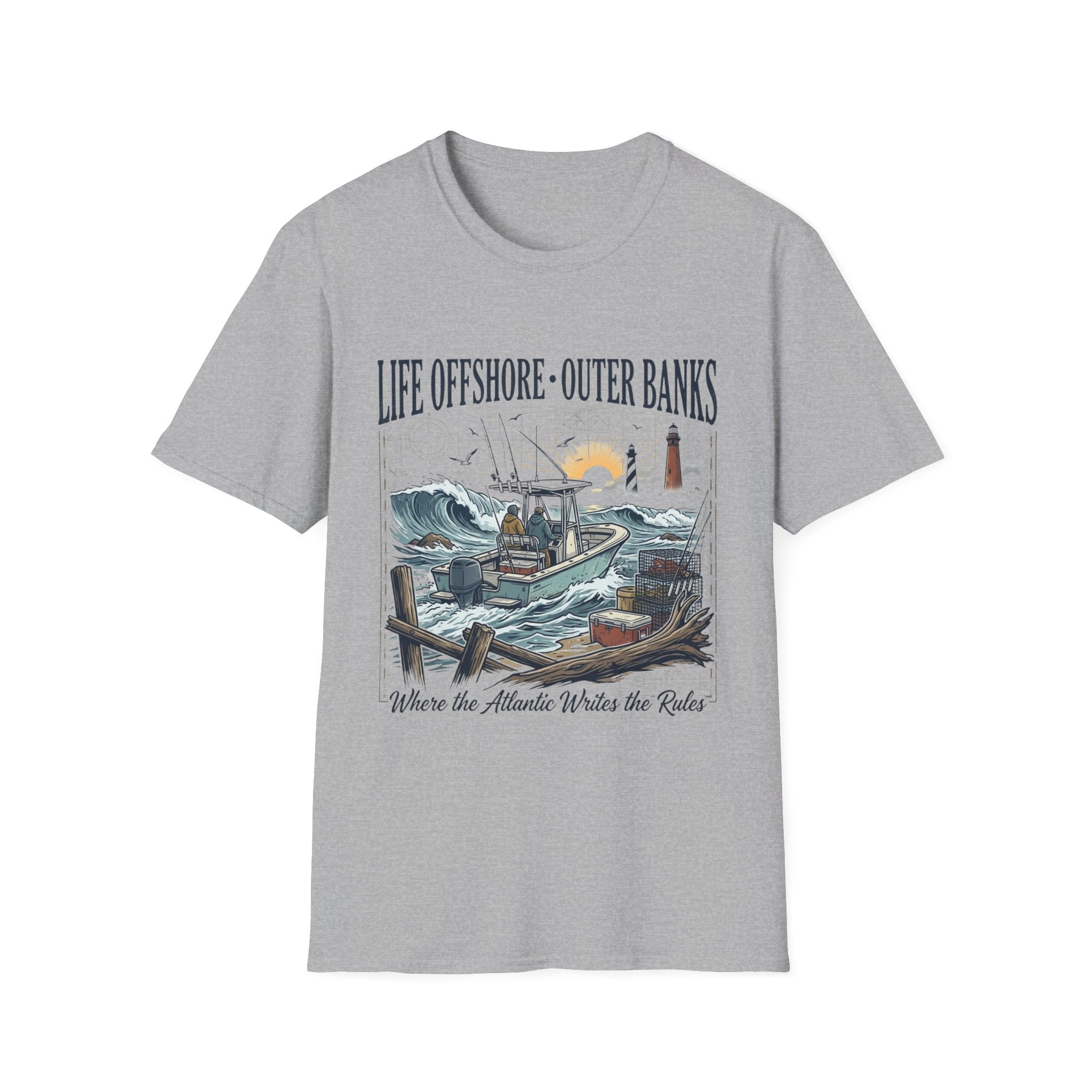 Outer Banks Life Offshore T-Shirt — Coastal Fishing Boat & Lighthouse Tee