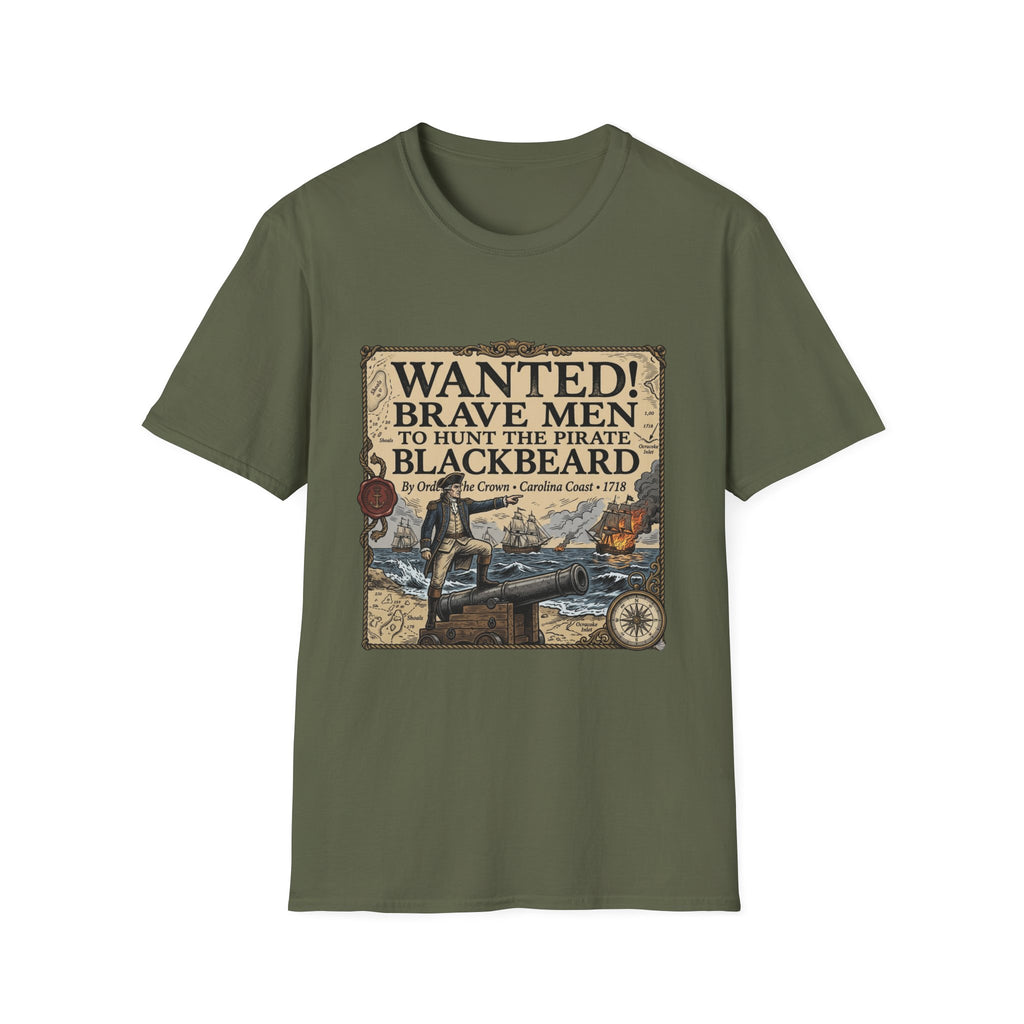 Wanted! Brave Men to Hunt the Pirate Blackbeard T-Shirt — Vintage Pirate Poster Tee