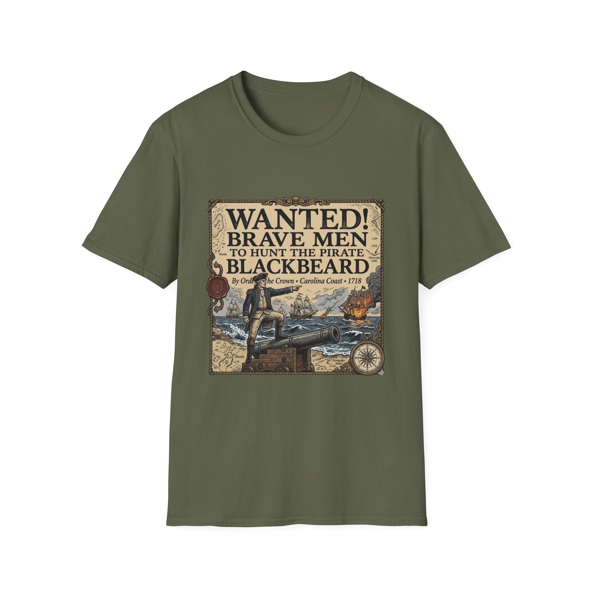 Wanted! Brave Men to Hunt the Pirate Blackbeard T-Shirt — Vintage Pirate Poster Tee