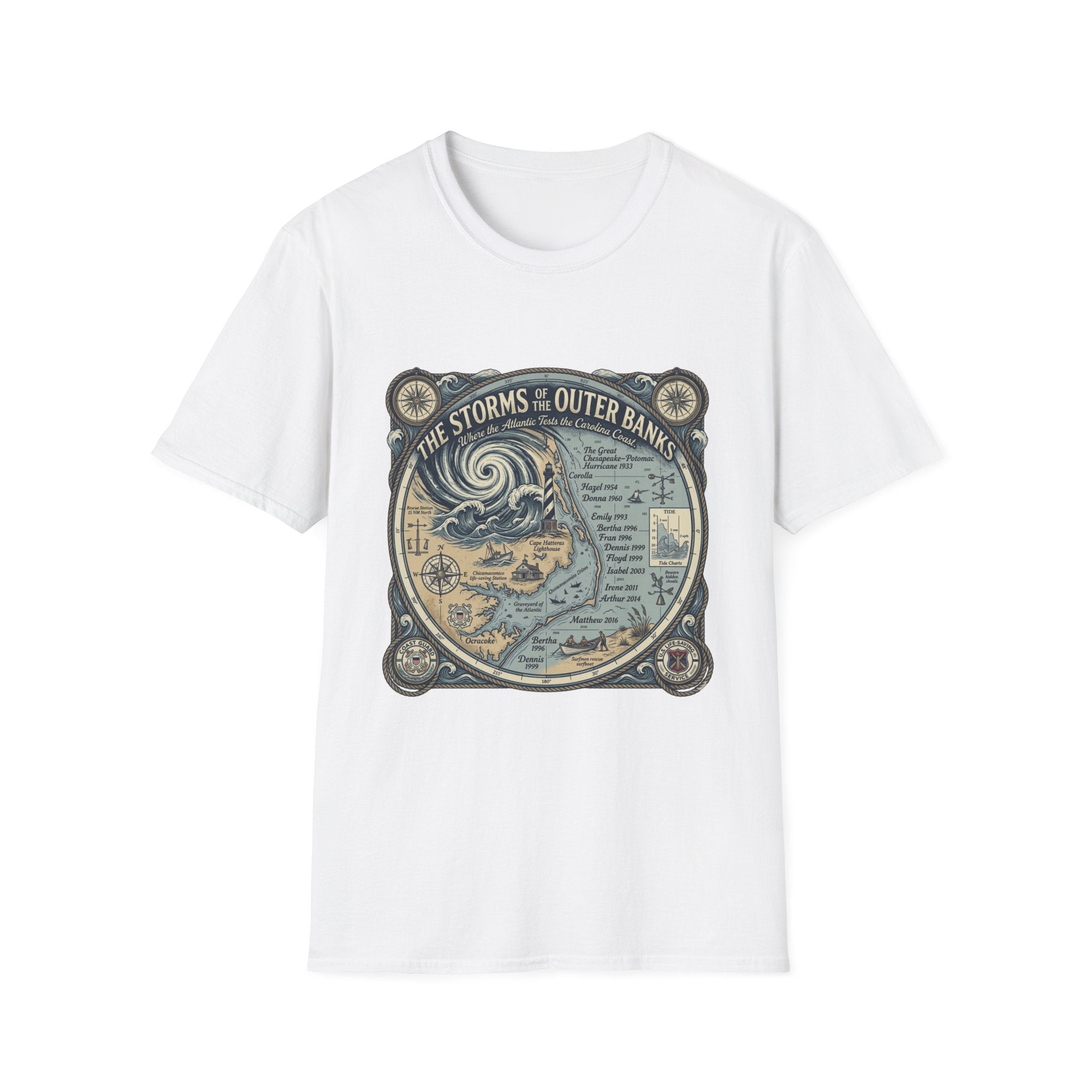 Outer Banks Storms Map T-Shirt — Vintage Coastal Weather Illustration