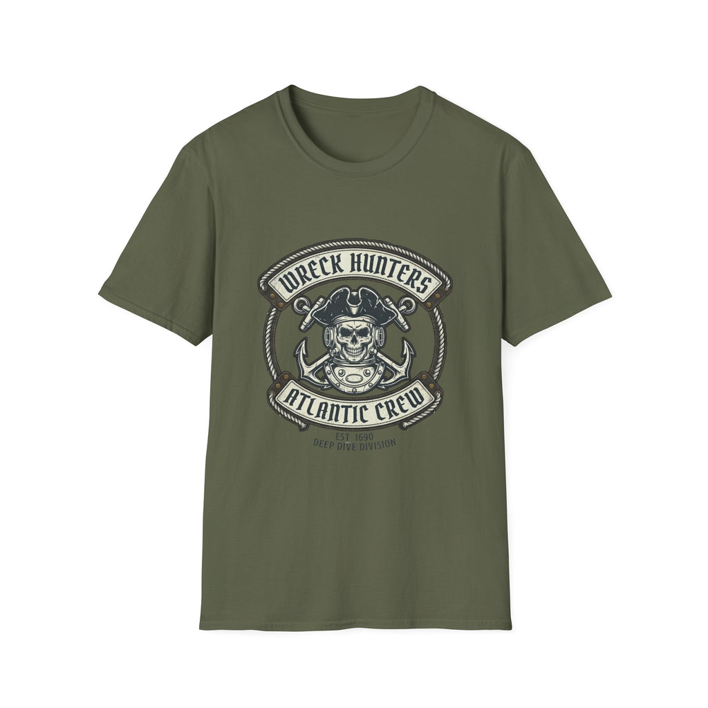 Wreck Hunters Atlantic Crew T‑Shirt — Pirate Skull & Anchor Nautical Graphic Tee
