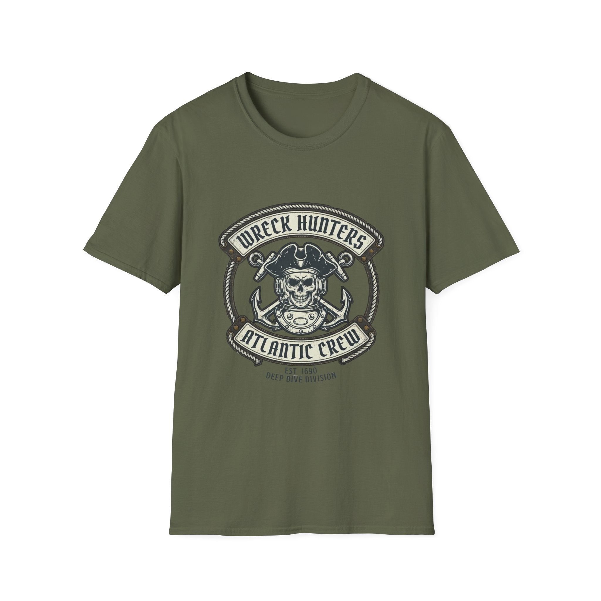 Wreck Hunters Atlantic Crew T‑Shirt — Pirate Skull & Anchor Nautical Graphic Tee