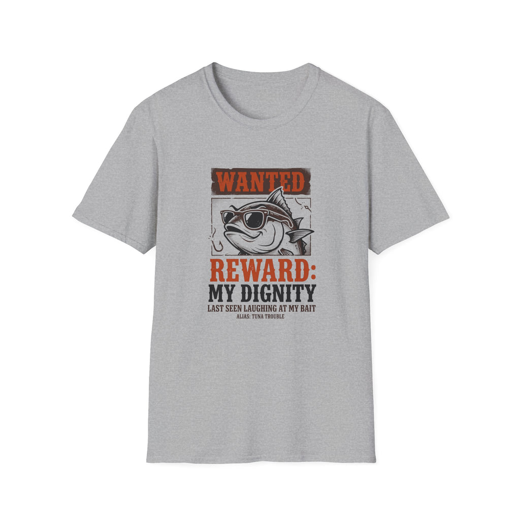 T-Shirt — "Wanted: Reward: My Dignity" Funny Fishing Cat Graphic Tee