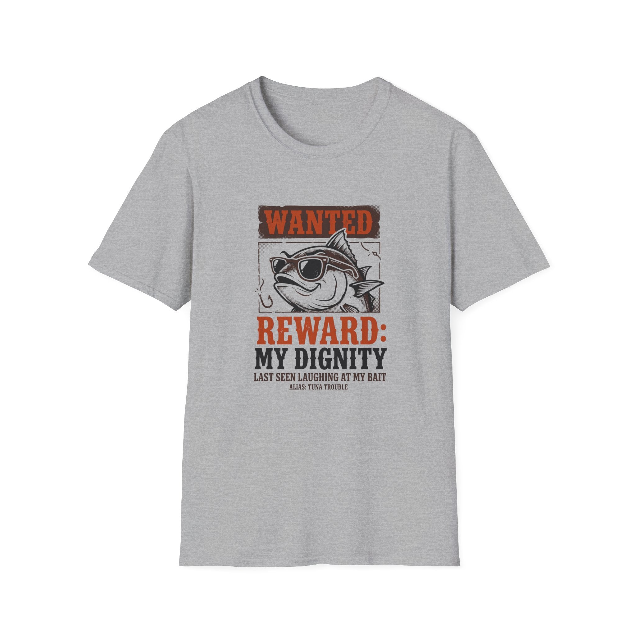 T-Shirt — "Wanted: Reward: My Dignity" Funny Fishing Cat Graphic Tee