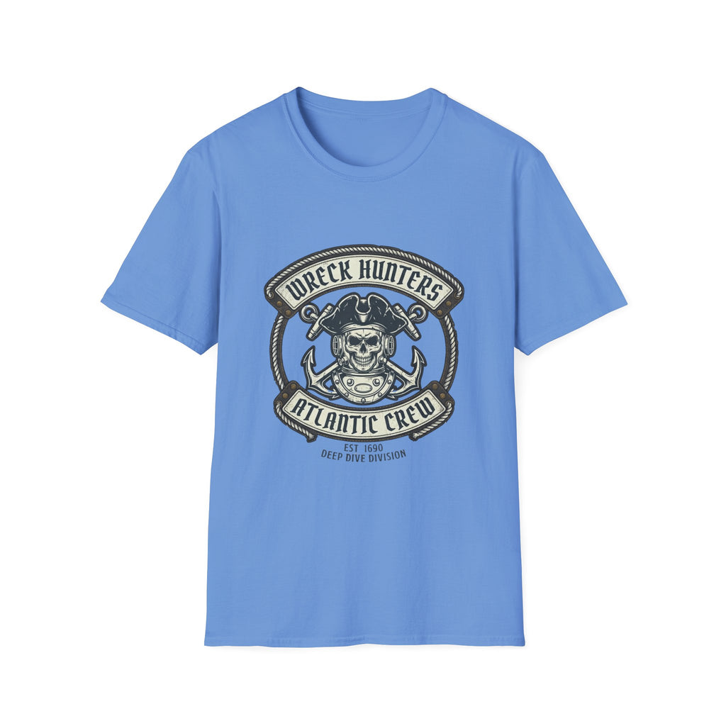 Wreck Hunters Atlantic Crew T‑Shirt — Pirate Skull & Anchor Nautical Graphic Tee