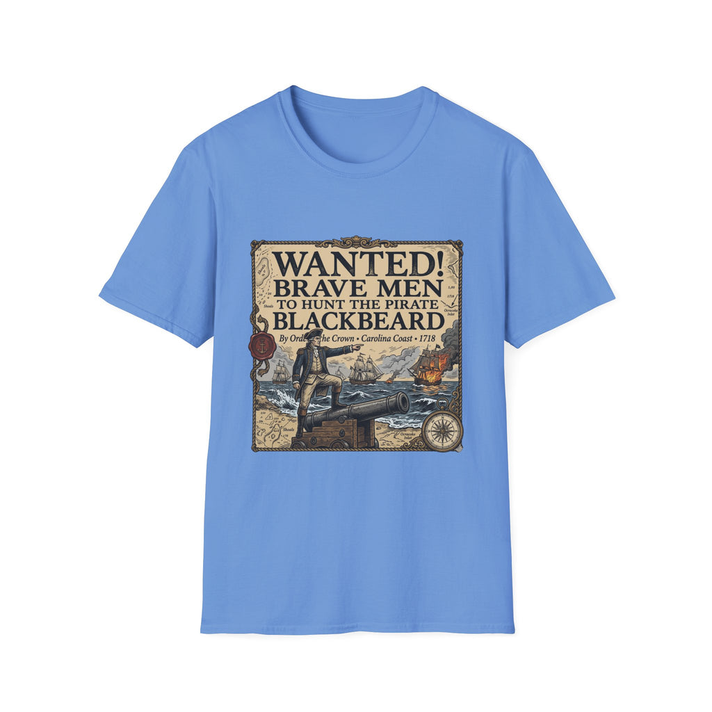 Wanted! Brave Men to Hunt the Pirate Blackbeard T-Shirt — Vintage Pirate Poster Tee