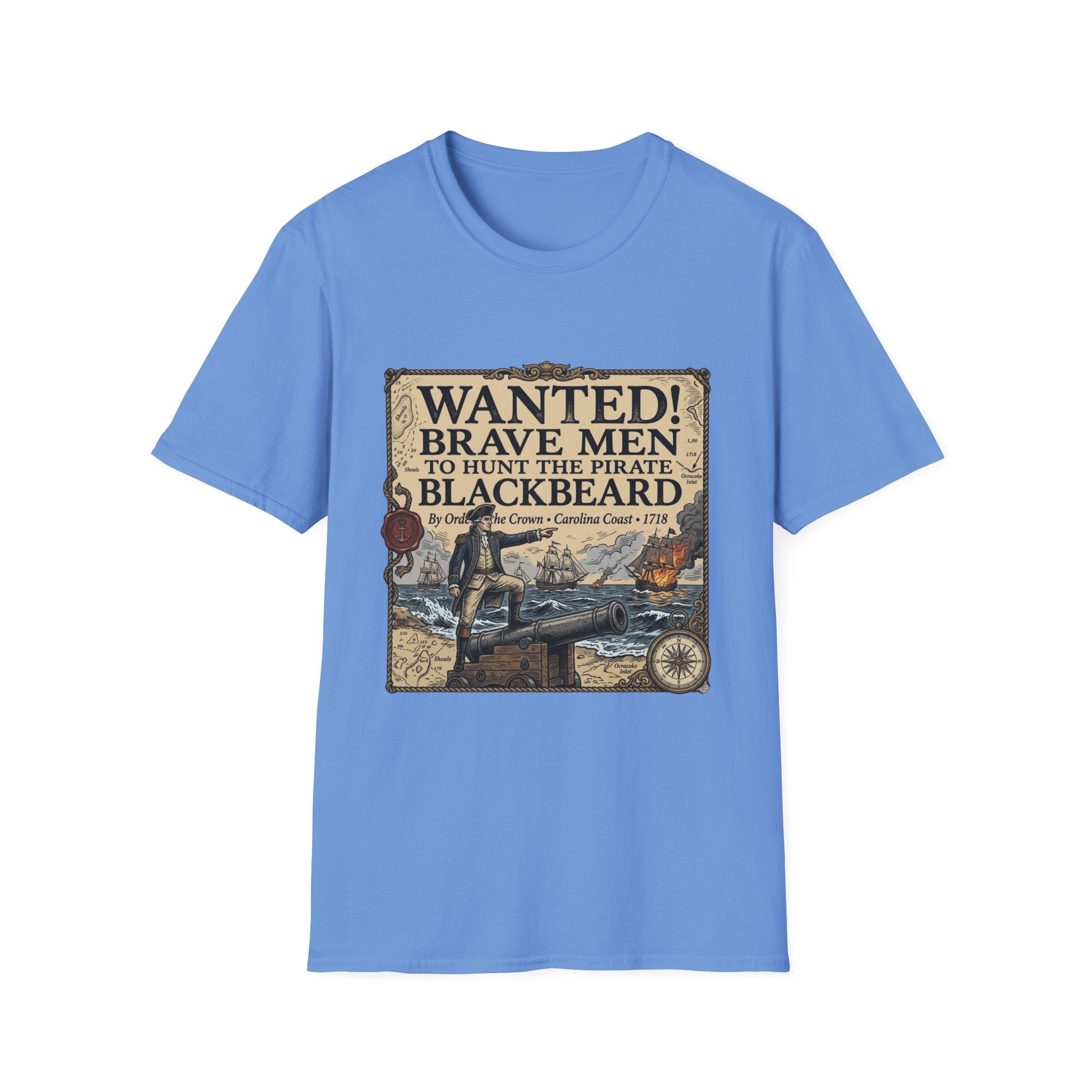 Wanted! Brave Men to Hunt the Pirate Blackbeard T-Shirt — Vintage Pirate Poster Tee