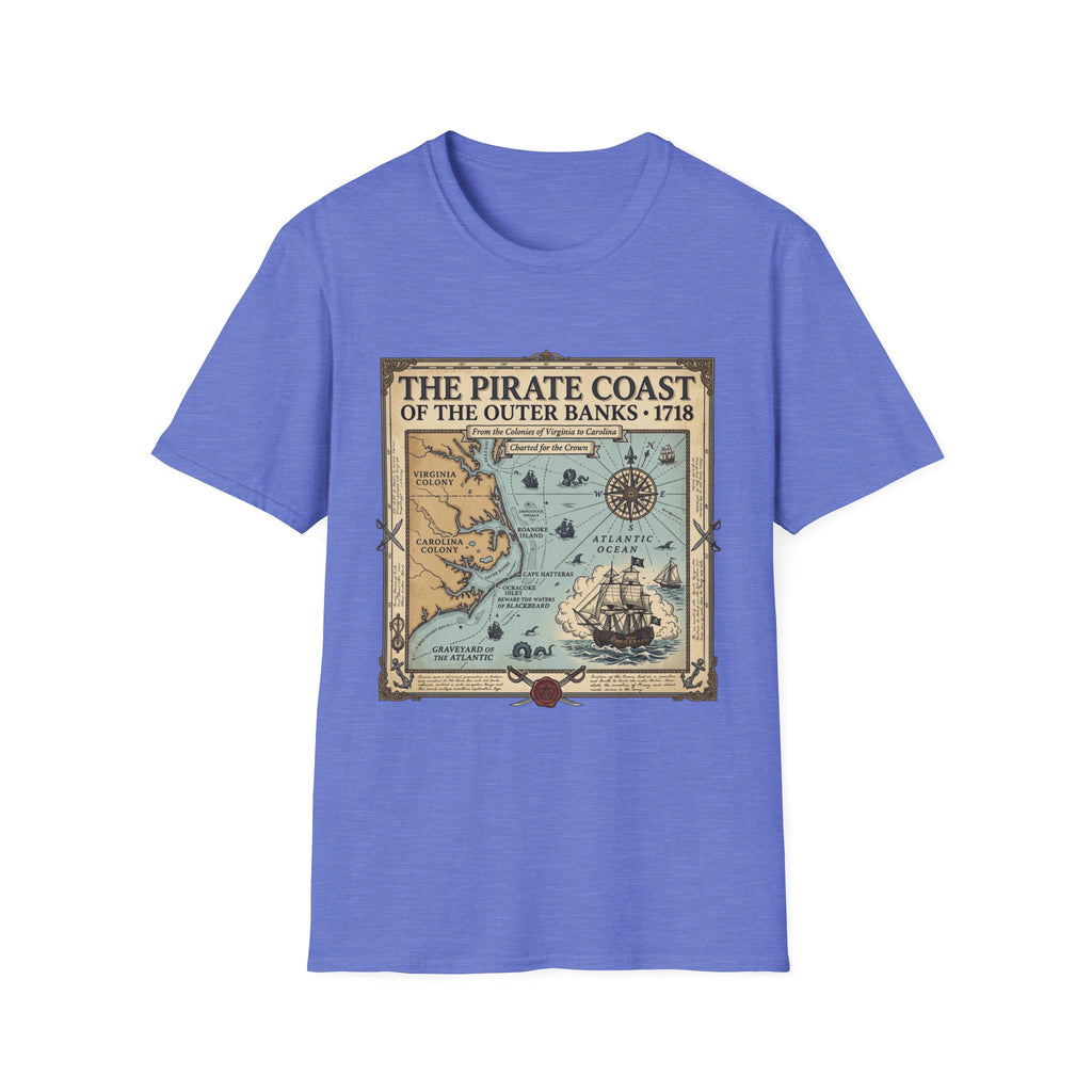 Pirate Coast Map T-Shirt — 'The Pirate Coast of the Outer Banks • 1718' Vintage Nautical Tee
