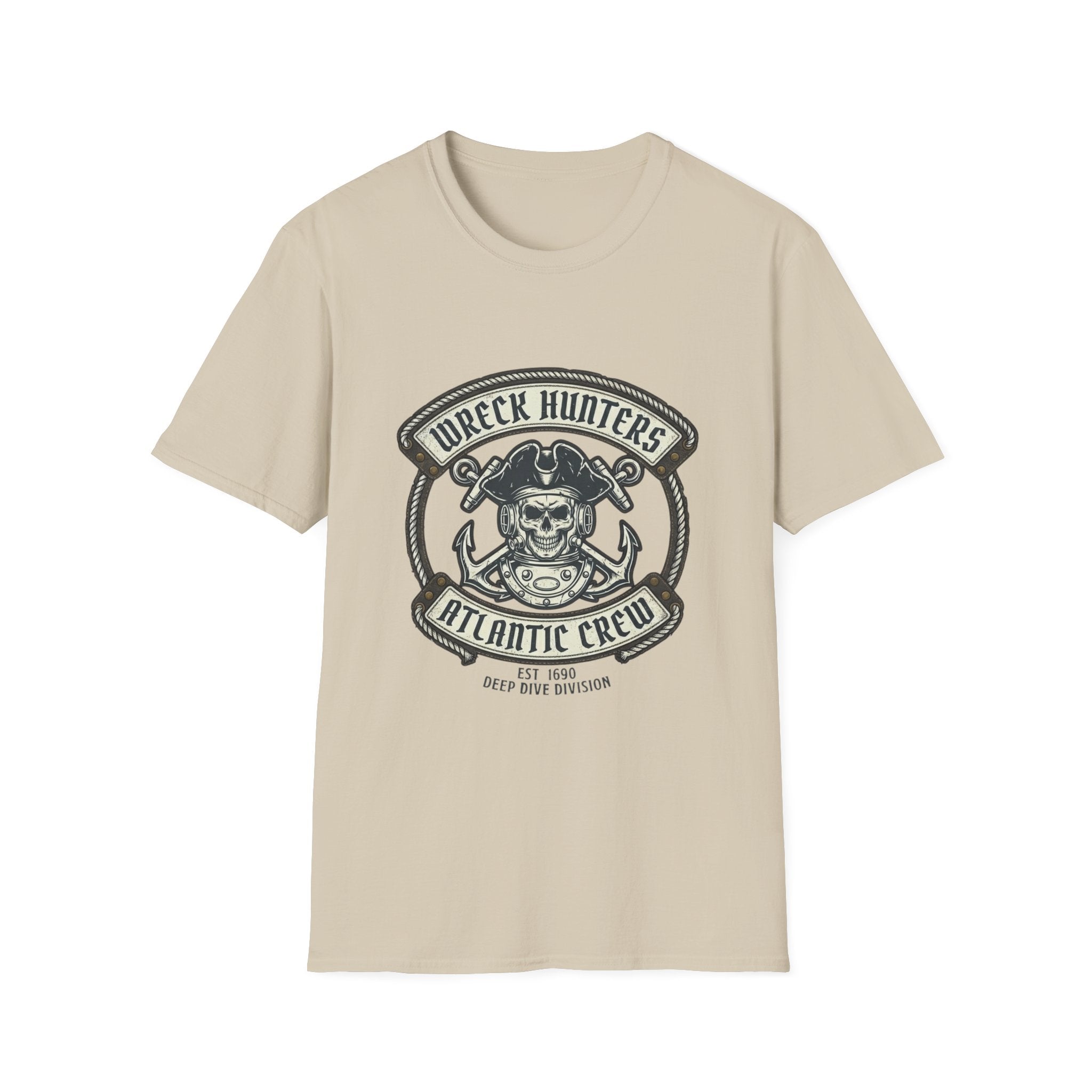Wreck Hunters Atlantic Crew T‑Shirt — Pirate Skull & Anchor Nautical Graphic Tee