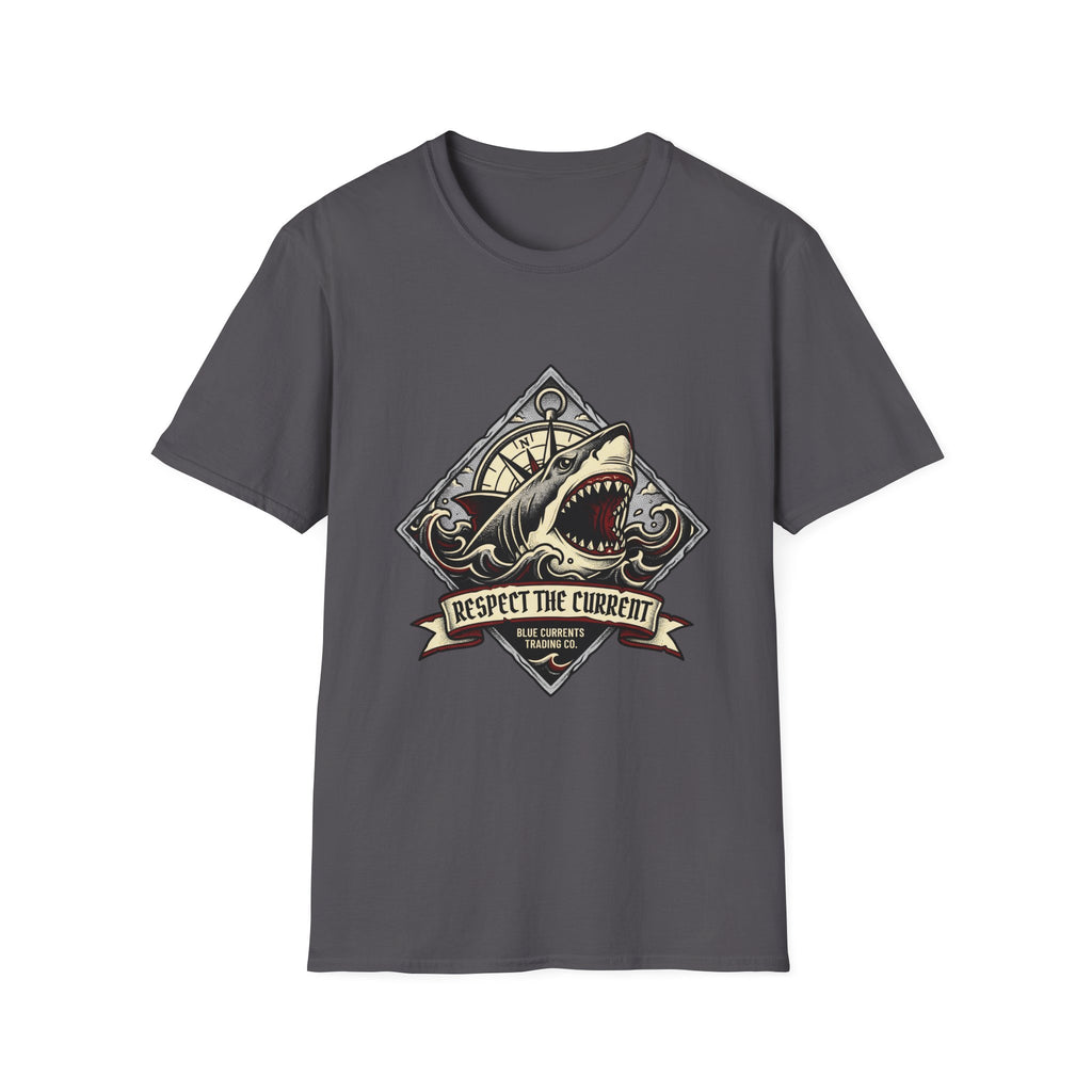 Shark Vintage Crest T-Shirt — "Respect the Current" Nautical Graphic Tee