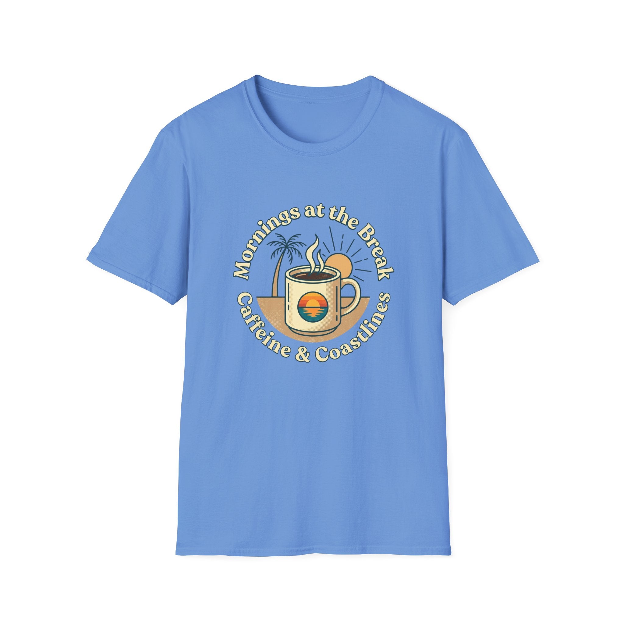 Beach Coffee T-Shirt — "Mornings at the Beach: Sunshine & Caffeine"