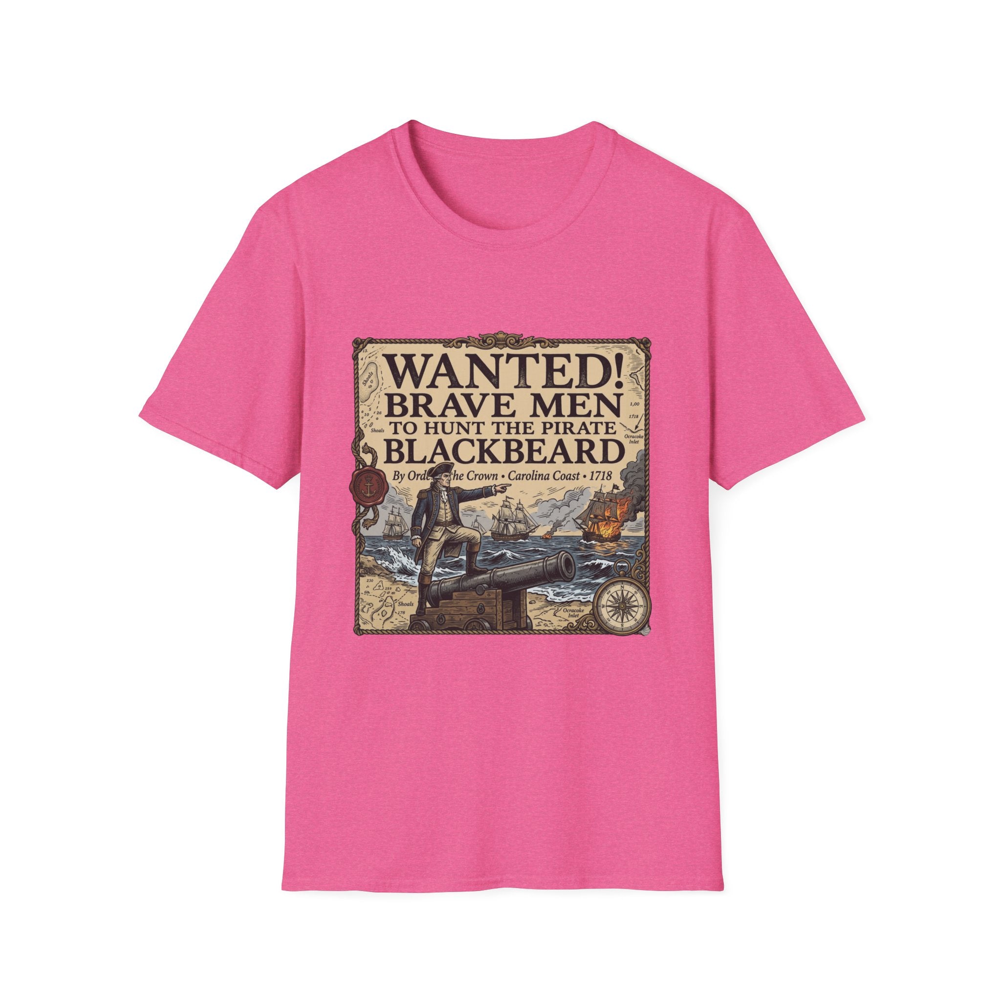 Wanted! Brave Men to Hunt the Pirate Blackbeard T-Shirt — Vintage Pirate Poster Tee
