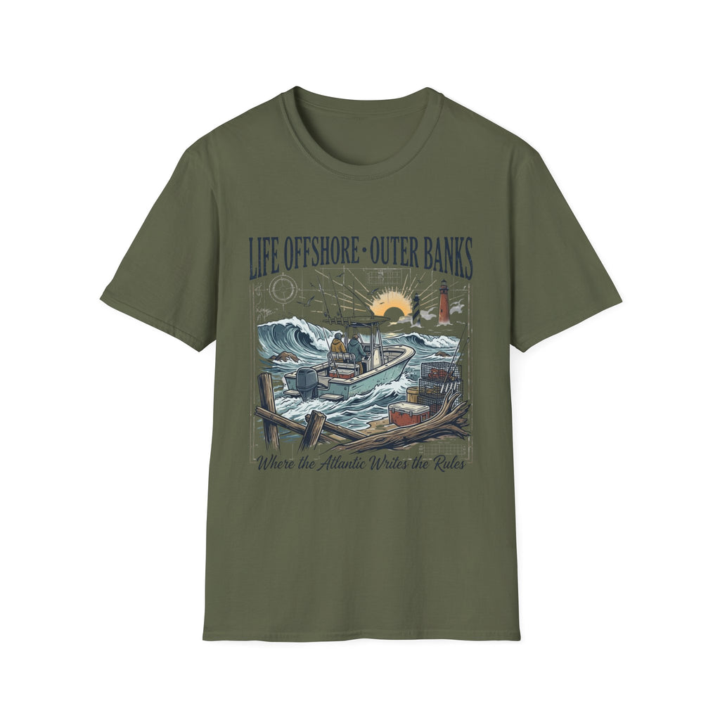 Outer Banks Life Offshore T-Shirt — Coastal Fishing Boat & Lighthouse Tee