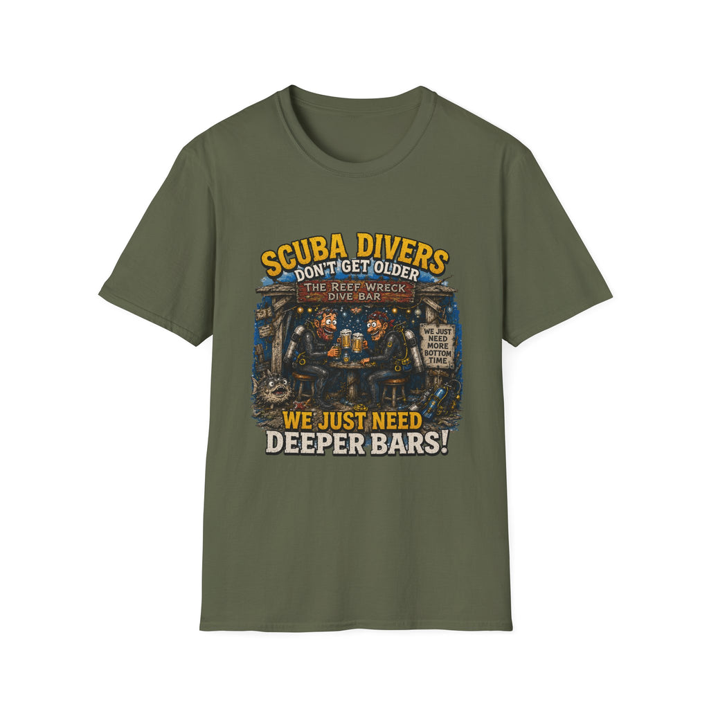Scuba Divers Don’t Get Older We Just Need Deeper Bars T-Shirt — Funny Diver Tee for Scuba Enthusiasts