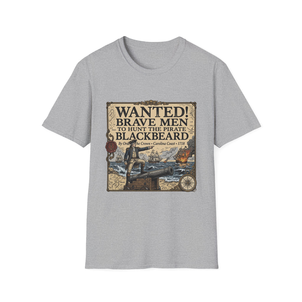 Wanted! Brave Men to Hunt the Pirate Blackbeard T-Shirt — Vintage Pirate Poster Tee
