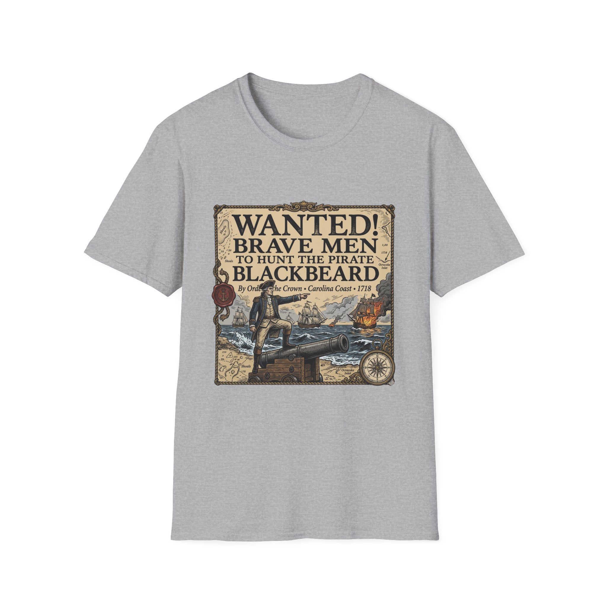 Wanted! Brave Men to Hunt the Pirate Blackbeard T-Shirt — Vintage Pirate Poster Tee
