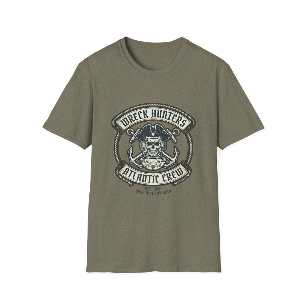 Wreck Hunters Atlantic Crew T‑Shirt — Pirate Skull & Anchor Nautical Graphic Tee