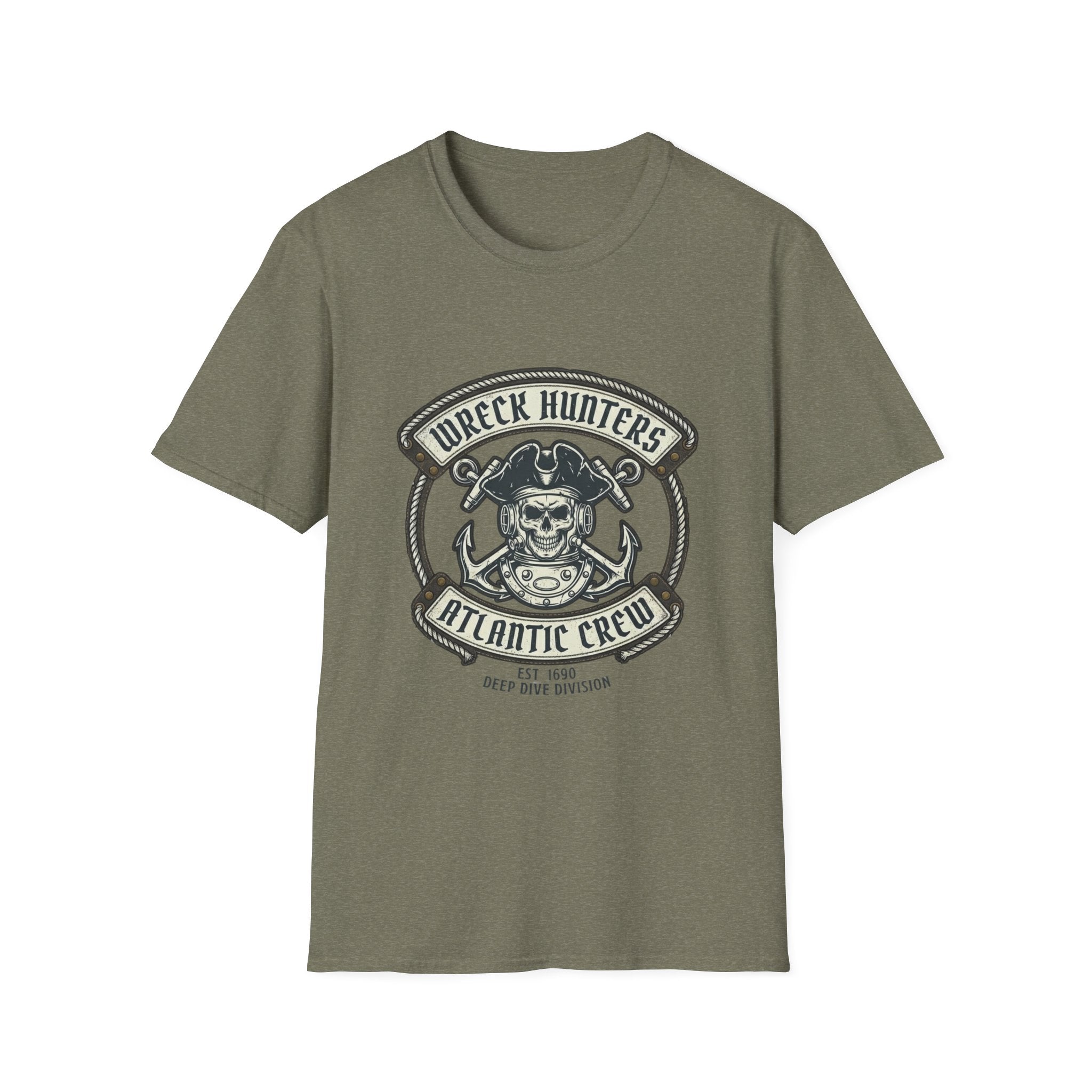 Wreck Hunters Atlantic Crew T‑Shirt — Pirate Skull & Anchor Nautical Graphic Tee