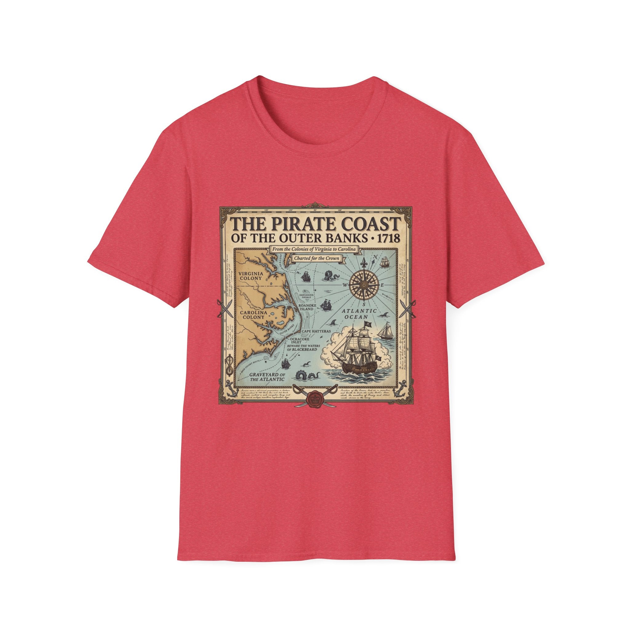 Pirate Coast Map T-Shirt — 'The Pirate Coast of the Outer Banks • 1718' Vintage Nautical Tee
