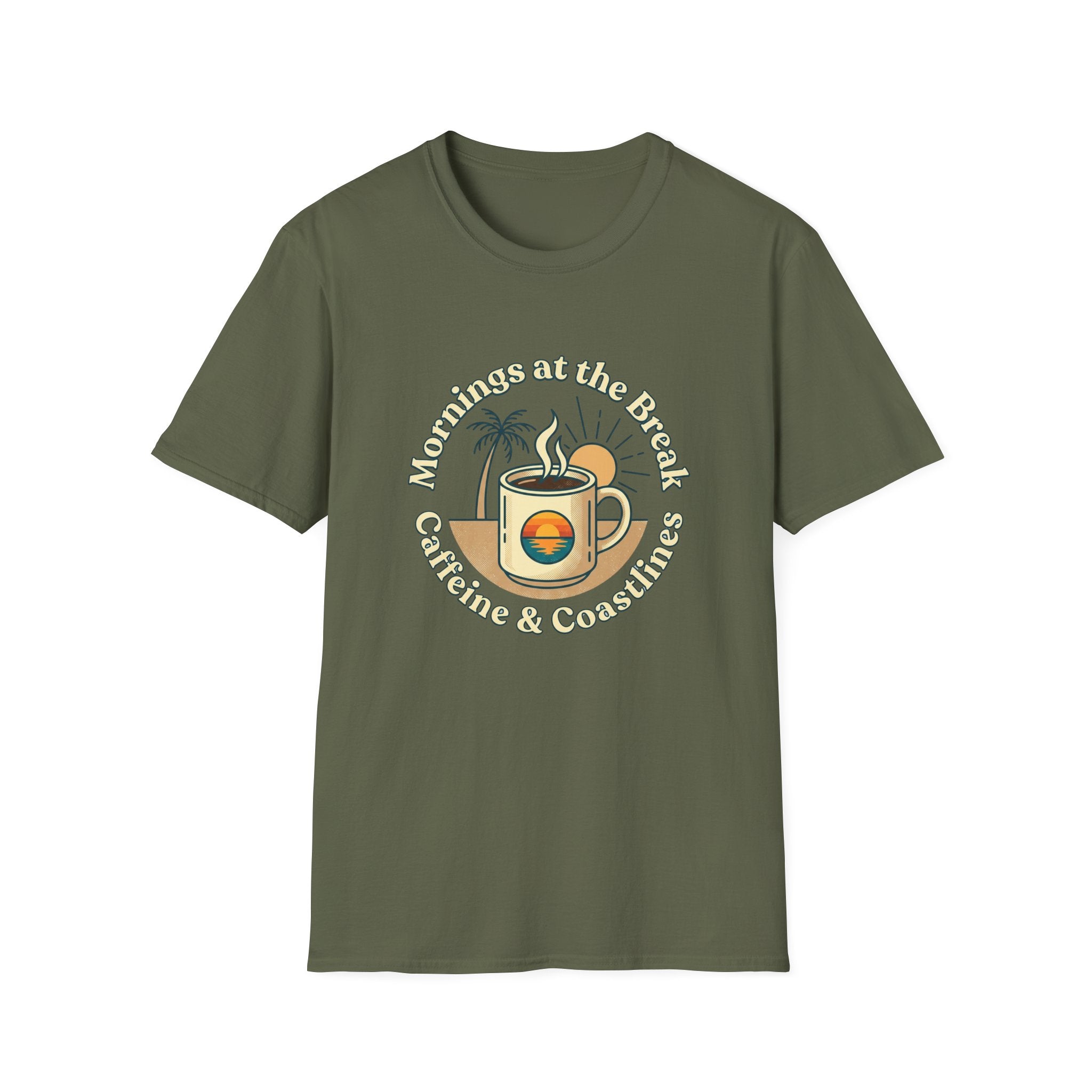 Beach Coffee T-Shirt — "Mornings at the Beach: Sunshine & Caffeine"