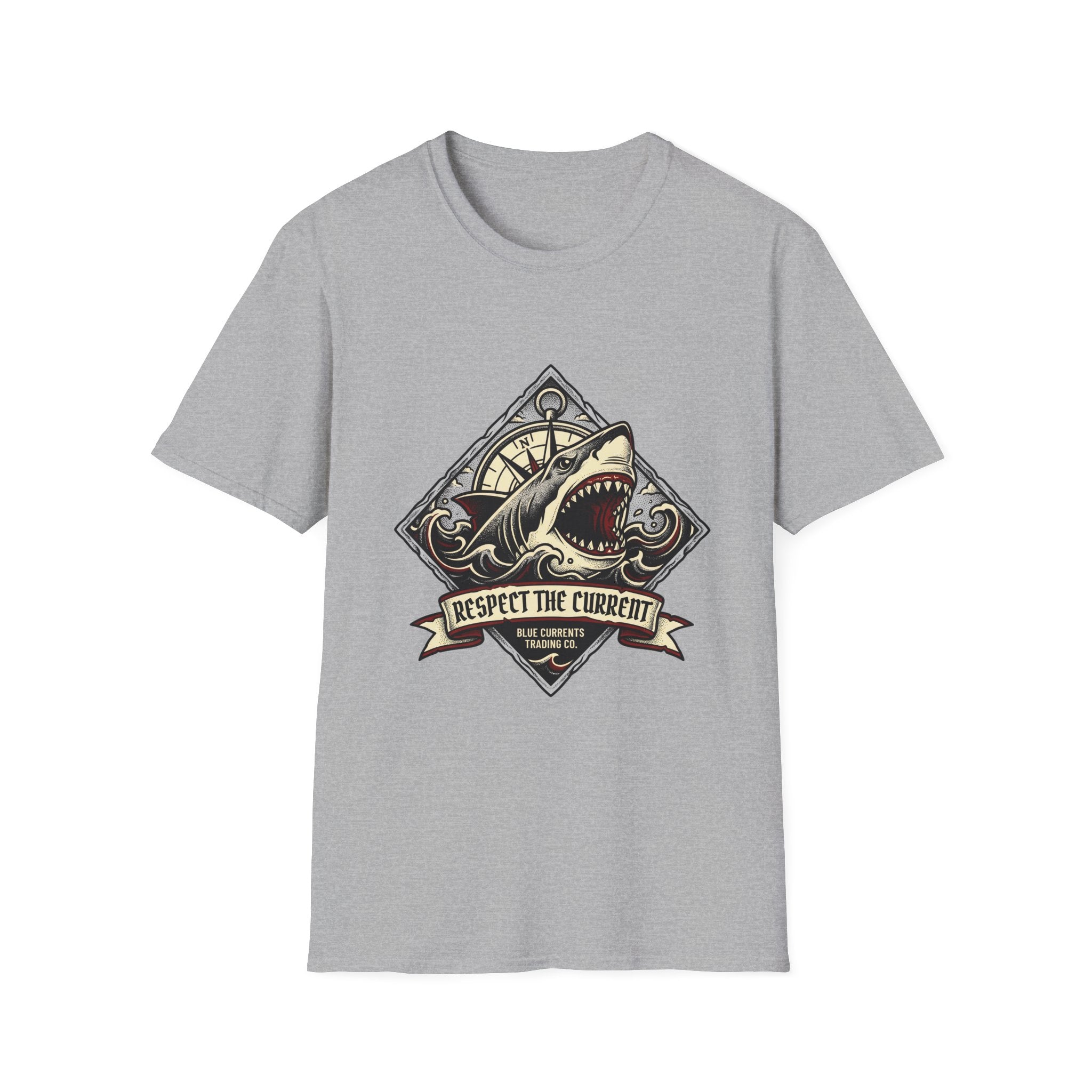 Shark Vintage Crest T-Shirt — "Respect the Current" Nautical Graphic Tee