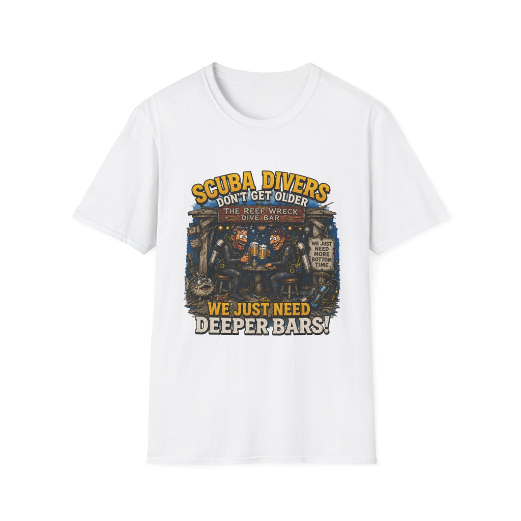 Scuba Divers Don’t Get Older We Just Need Deeper Bars T-Shirt — Funny Diver Tee for Scuba Enthusiasts