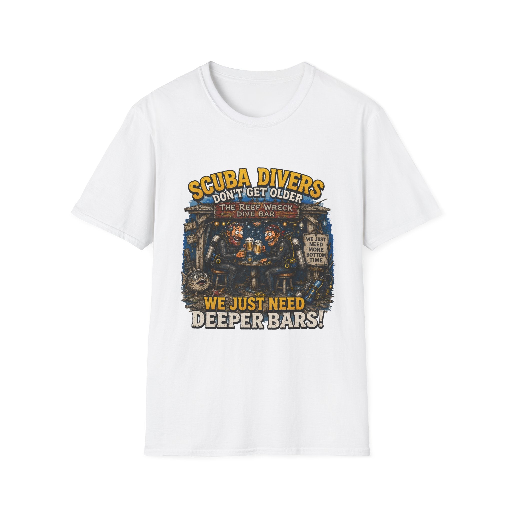 Scuba Divers Don’t Get Older We Just Need Deeper Bars T-Shirt — Funny Diver Tee for Scuba Enthusiasts