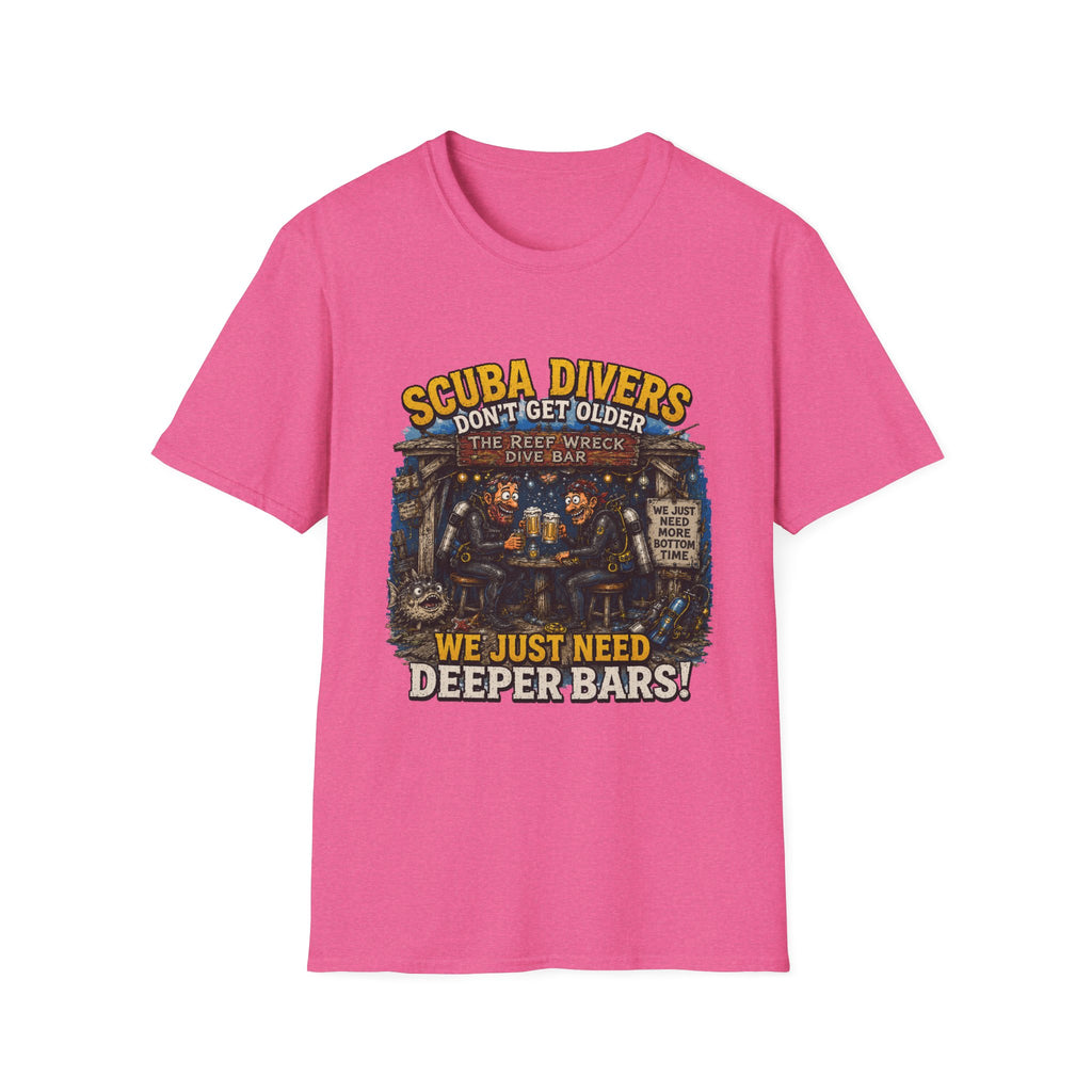 Scuba Divers Don’t Get Older We Just Need Deeper Bars T-Shirt — Funny Diver Tee for Scuba Enthusiasts