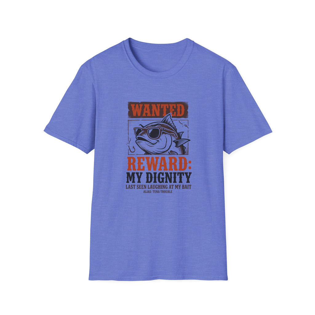 T-Shirt — "Wanted: Reward: My Dignity" Funny Fishing Cat Graphic Tee