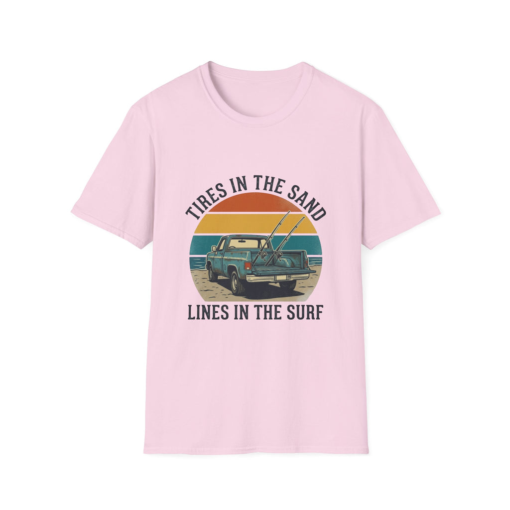 Surf Jeep T-Shirt — "Tires in the Sand, Lines in the Surf" Retro Beach Graphic