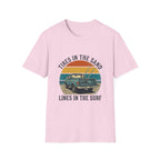 Surf Jeep T-Shirt — "Tires in the Sand, Lines in the Surf" Retro Beach Graphic