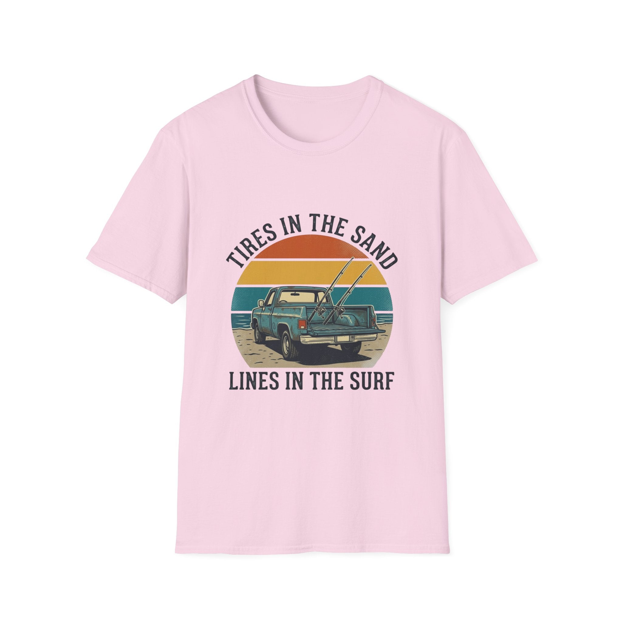Surf Jeep T-Shirt — "Tires in the Sand, Lines in the Surf" Retro Beach Graphic