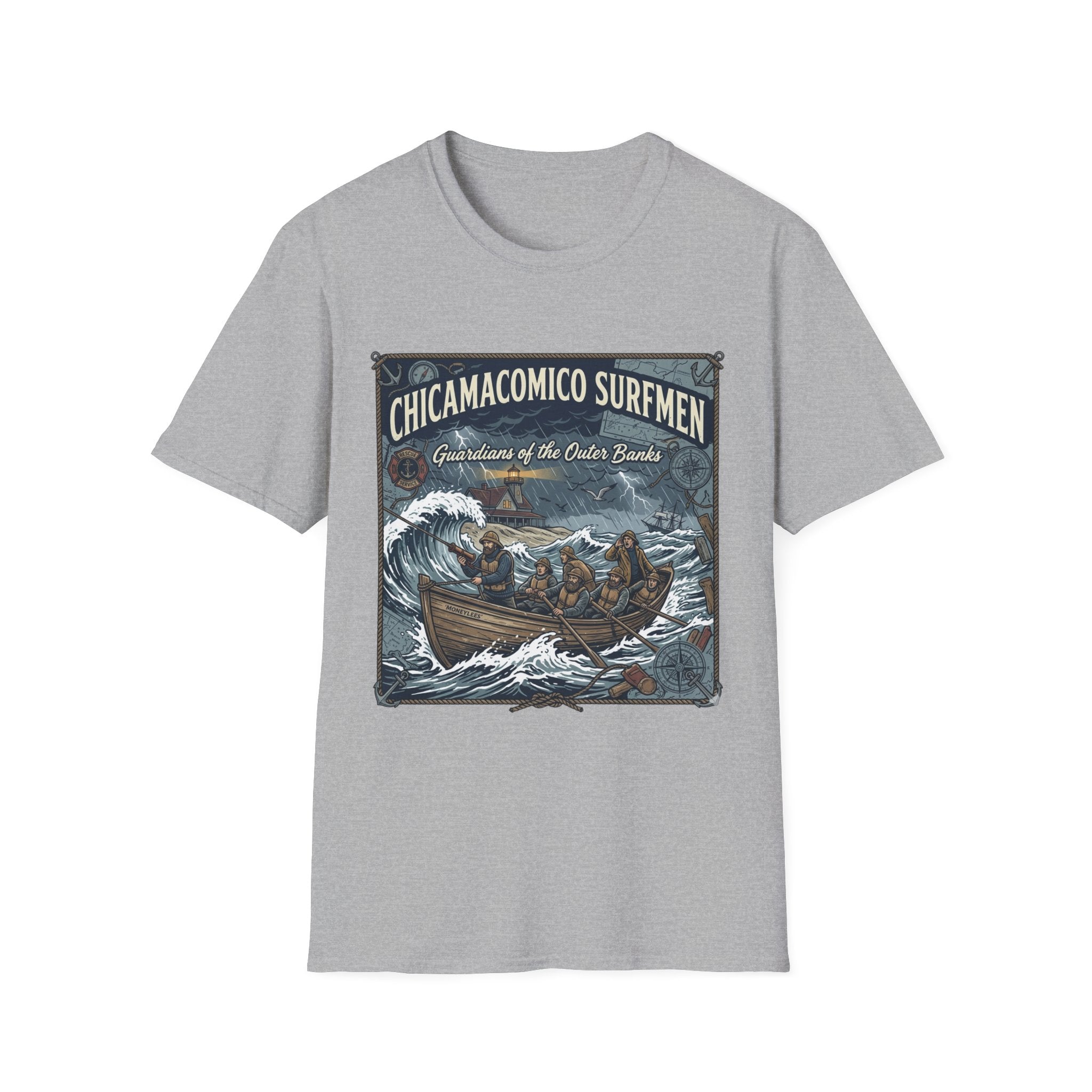 Chicamacomico Surfmen T‑Shirt — "Guardians of the Outer Banks" Vintage Surf Rescue Tee