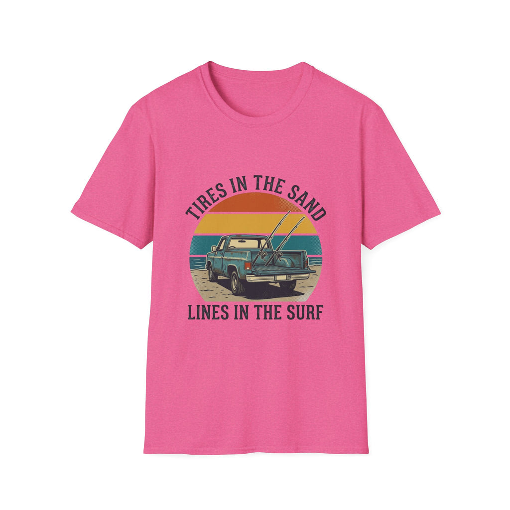 Surf Jeep T-Shirt — "Tires in the Sand, Lines in the Surf" Retro Beach Graphic