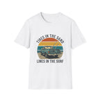 Surf Jeep T-Shirt — "Tires in the Sand, Lines in the Surf" Retro Beach Graphic